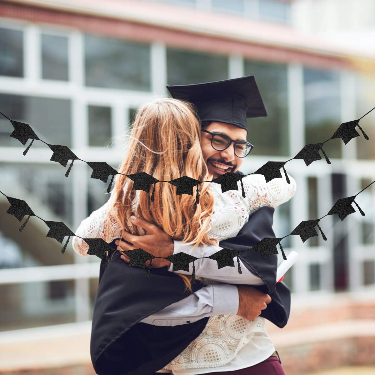 2 Pack Black Glitter Graduation Cap Garland Banner - 2025 Graduation Party Decorations, College Graduation Hat Banner for Black & Gold Theme - Perfect for Graduation Ceremonies, Photo Backdrops & Celebration Decor