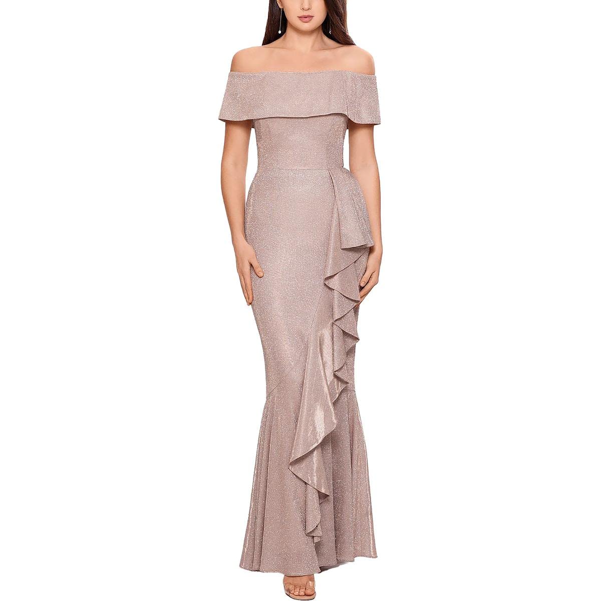 Betsy & Adam Women's Metallic Cascade Ruffle Evening Gown - Elegant Formal Dress for Prom, Wedding & Special Occasions