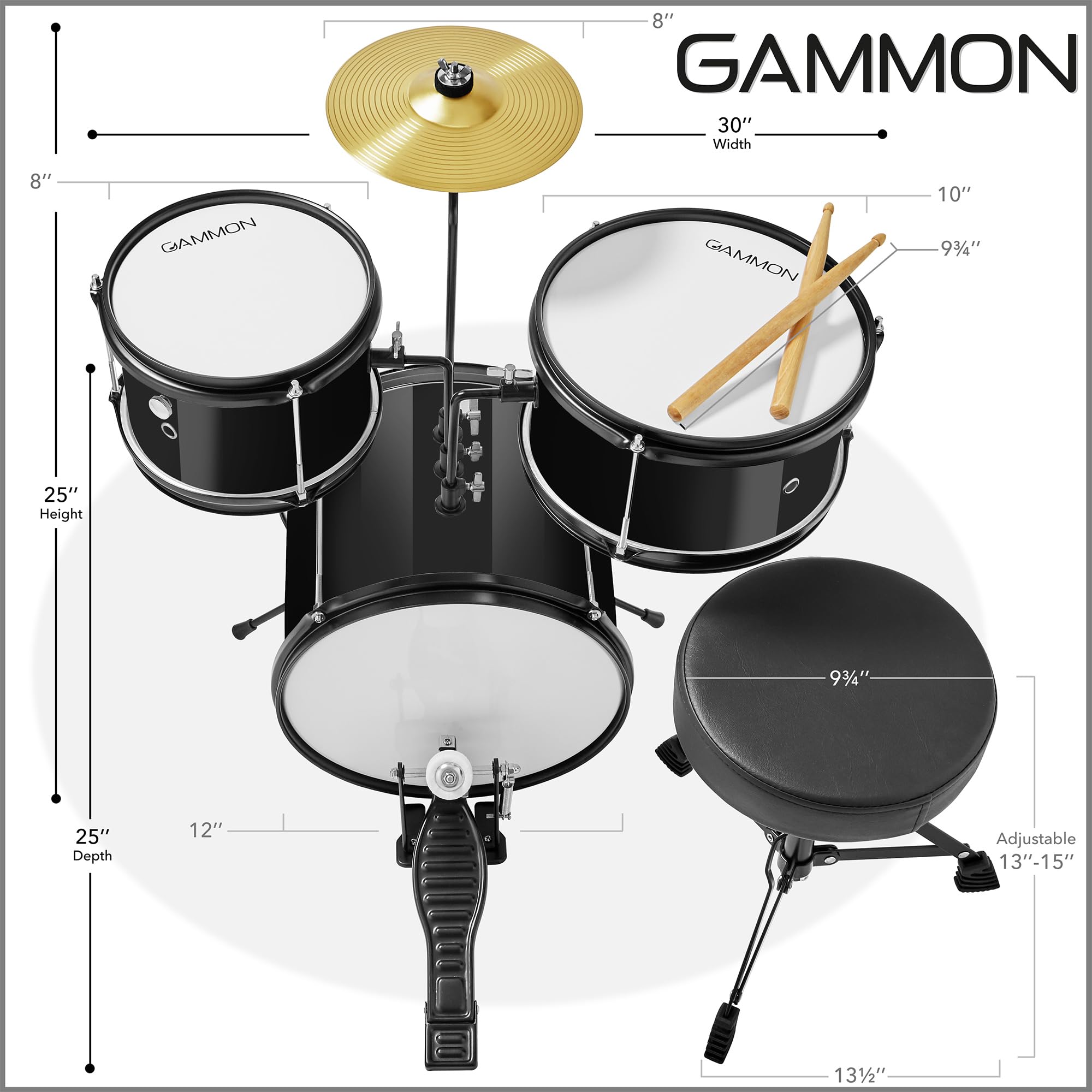 Gammon 3-Piece Junior Drum Set with Throne - Black Complete Beginner Drum Kit with Bass Drum, Toms, Cymbal, Pedal & Drumsticks | Perfect for Kids Learning Music, Home Practice & Small Performances