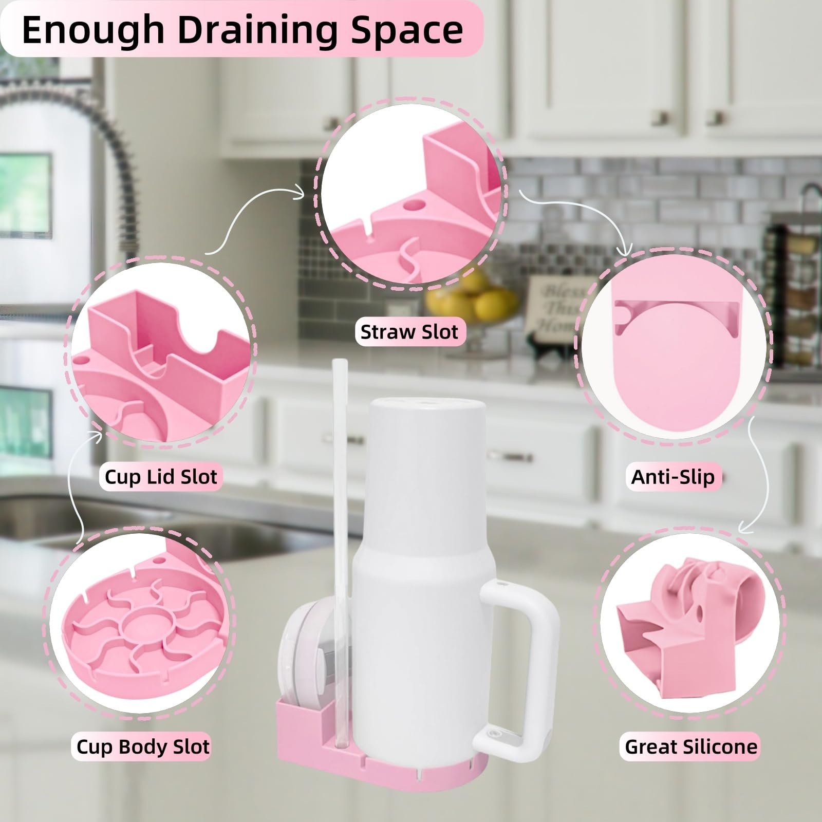 **Stanley Cup Silicone Bottle Drying Rack - Space Saving Tumbler & Water Bottle Holder for Mugs, Glasses, Baby Bottles - Includes Multifunctional Brush (Pink) - Perfect for Kitchen, Office, Dorm & Travel**