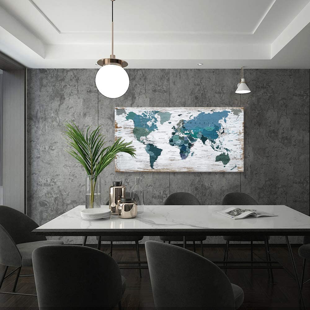 Blue Teal World Map Canvas Wall Art - 24