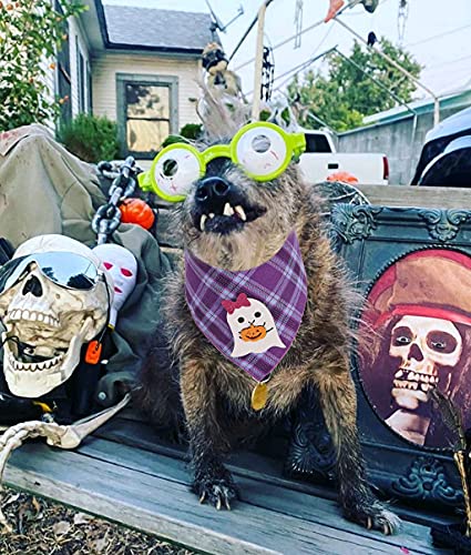 Halloween Dog Bandana with Ghost Appliques - Purple Plaid Pet Scarf for Small, Medium & Large Dogs - Perfect for Costume Parties, Trick-or-Treating & Spooky Photo Shoots