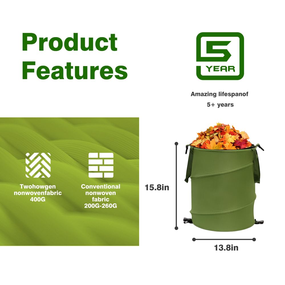 Collapsible Pop Up Trash Can 10 Gallon - Portable Outdoor Recycling Bin with Clip & Zip Lid, 600D Oxford Cloth Yard Waste Bag (13.8x15.8 Inch) - Ideal for Camping, Picnics, Beach, Backyard & RV Use (Green, 1 Pack)