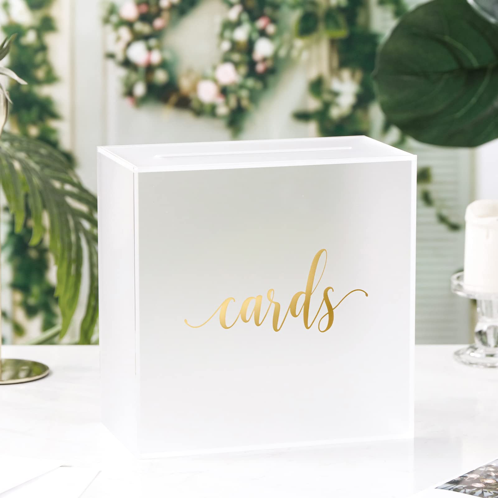 UNIQOOO Frosted Acrylic Wedding Card Box with Slot - 10x10x5.5 Inch Large Money Gift Box with Gold Foil | Perfect for Wedding Receptions, Birthday Wishes, Memory Keepsakes, Suggestion Boxes & Voting Ballots | Elegant Display for Home, Office or Special Events