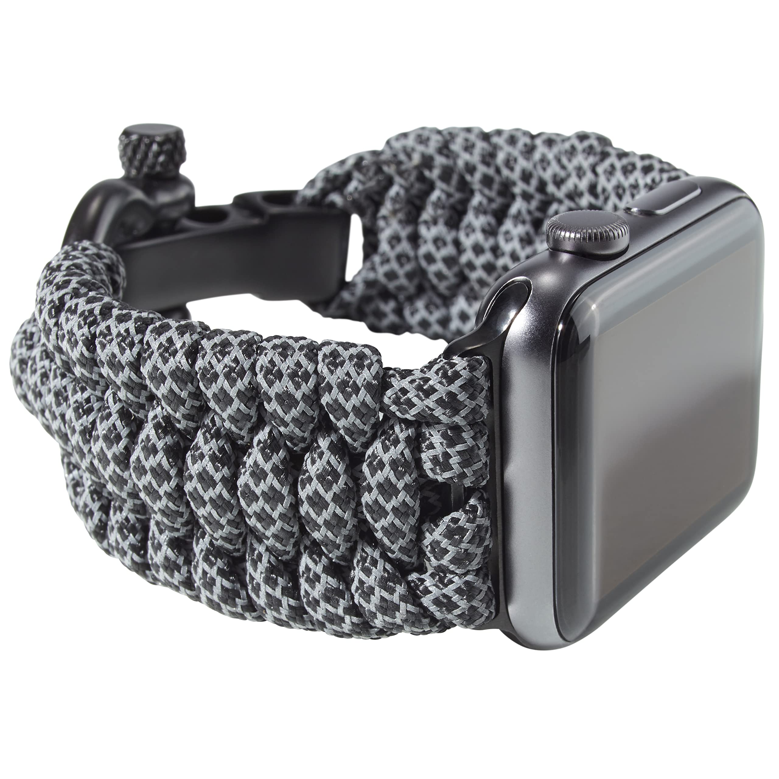 Survival Paracord Watch Band for Apple Watch Series 42mm 44mm 45mm 49mm - 550 Paracord & Stainless Steel Shackle - Compatible with iWatch Bands for Men & Women (Black Reflective, Large) - Perfect for Outdoor Adventures, Hiking, Camping & Emergency Situations