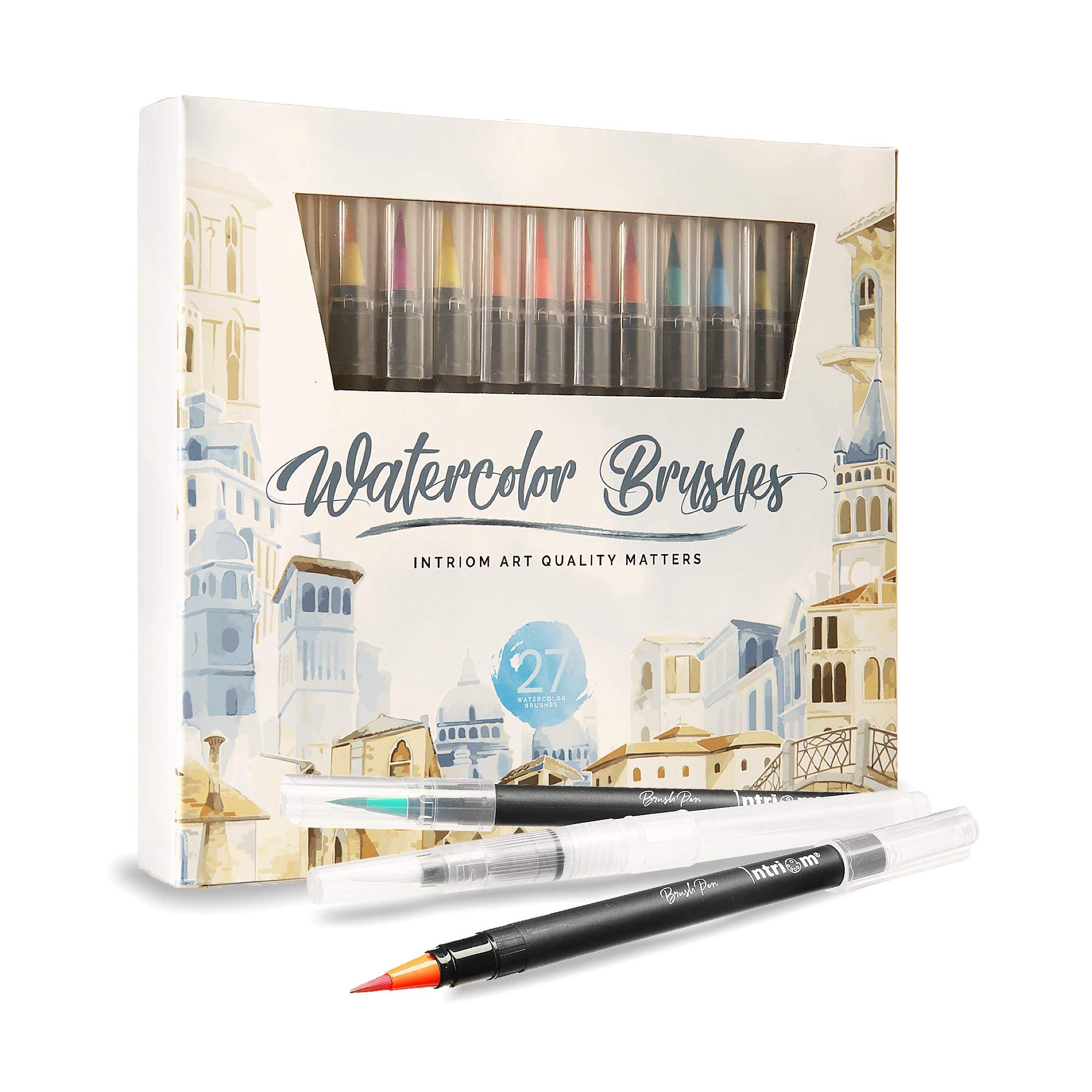 24+3 Watercolor Brush Pens Set with 8 Watercolor Papers - Real Brush Tip Nontoxic Markers for Coloring, Inking & Calligraphy - Portable Carrying Case Included | Perfect for Artists, Students & DIY Craft Projects