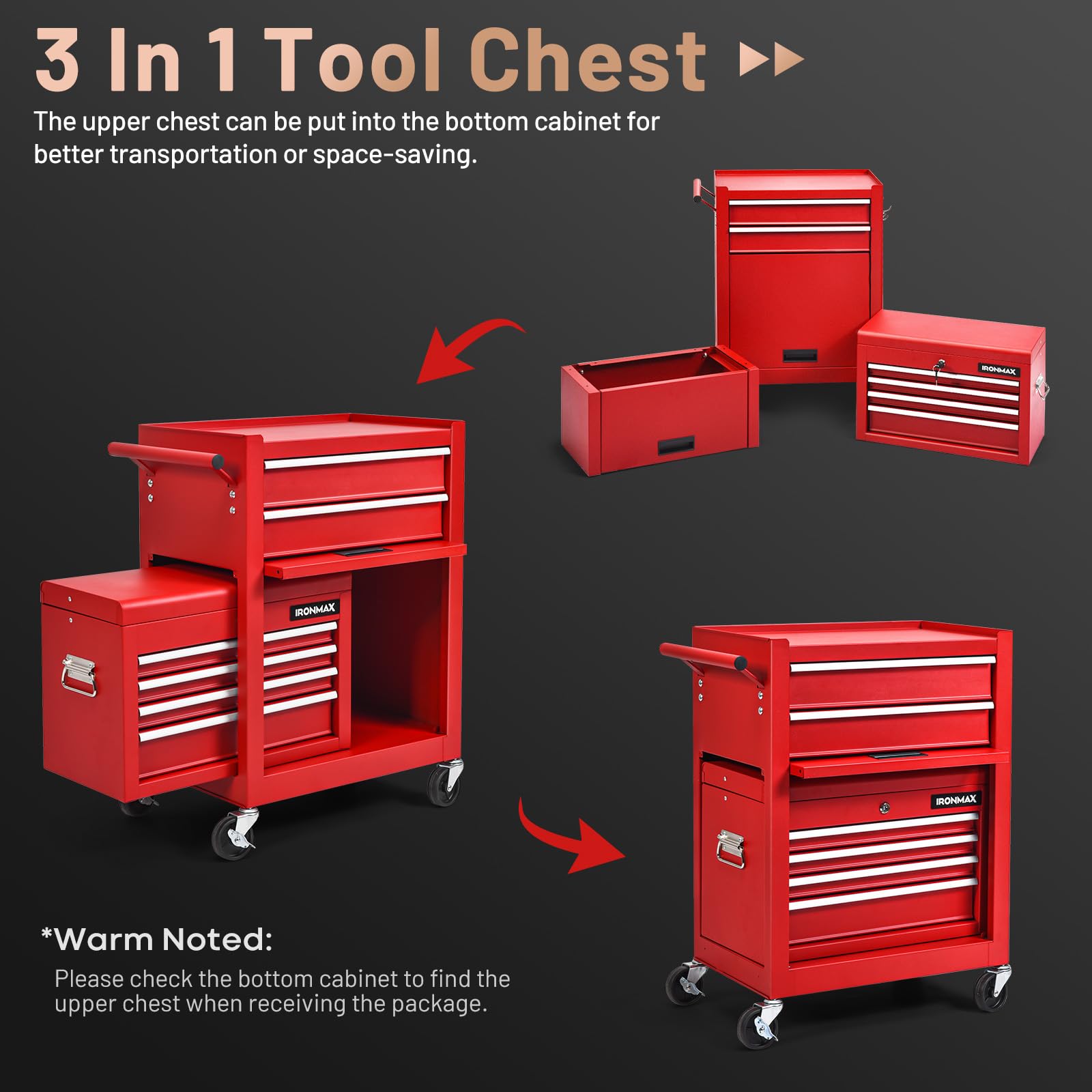 6 Drawer Rolling Tool Chest with Wheels & Lock - 3-in-1 Tool Cabinet with Sliding Drawers & Removable Top Box - Heavy Duty Garage Workshop Tool Storage for Mechanics, DIY & Home Improvement Projects