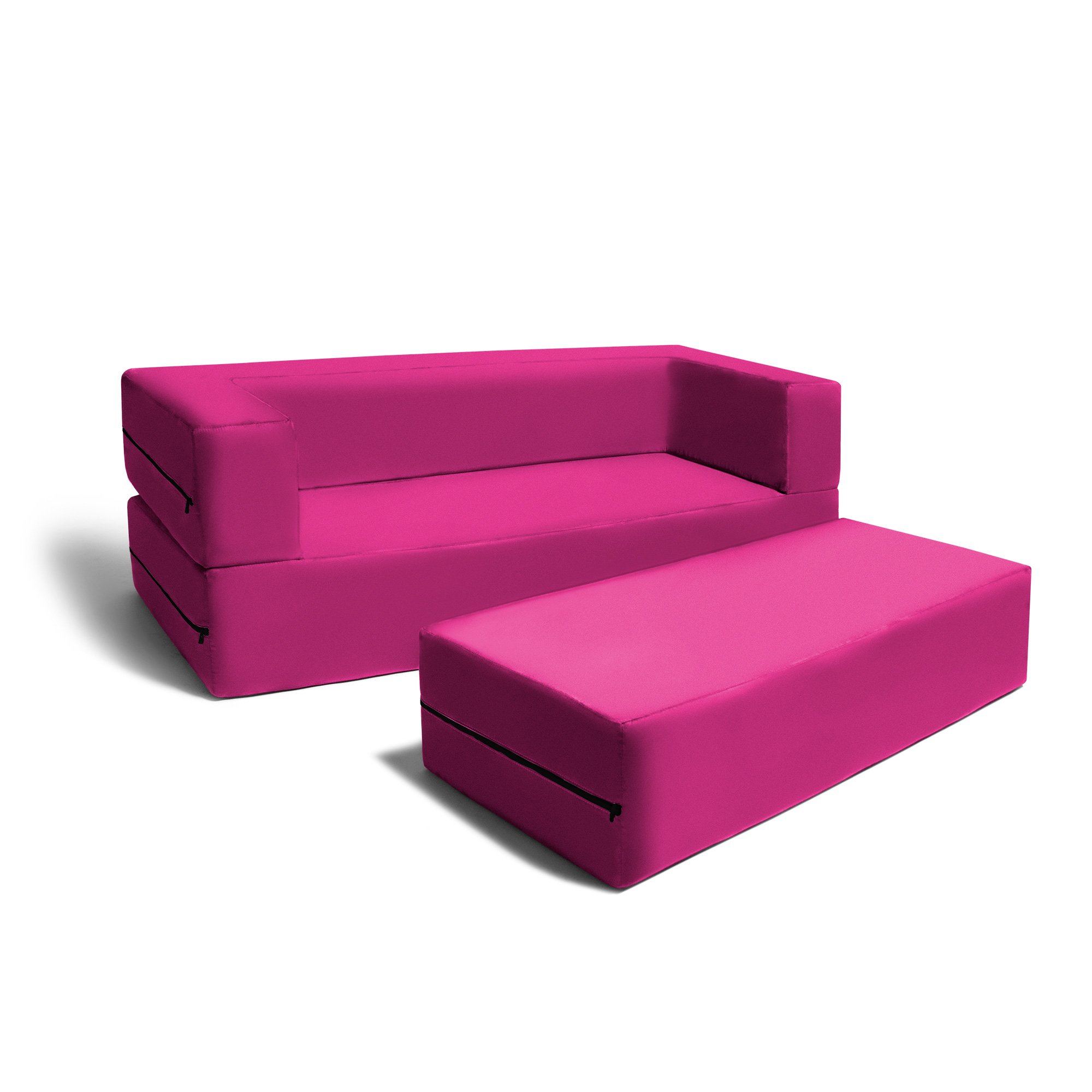 Jaxx Zipline 3-in-1 Fold Out Sofa with Large Ottoman - Big Kids Edition in Fuchsia (Model 17454) | Convertible Sleeper Sofa for Playrooms, Dorm Rooms & Small Spaces