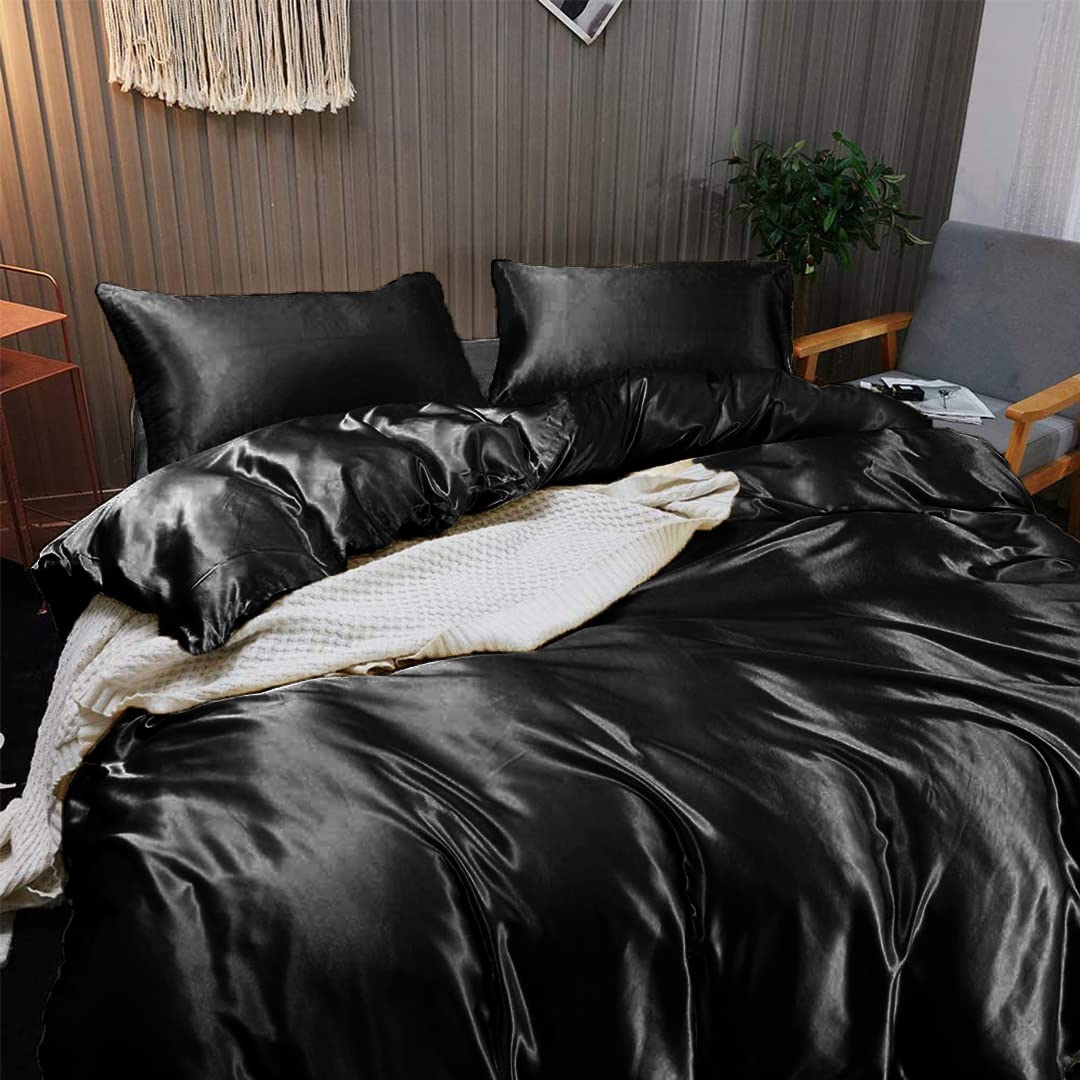 Luxury 7-Piece Silk Satin Sheet Set - Queen Size Black Bedding with Deep Pockets - Breathable & Cooling Hotel Quality Duvet Cover - Wrinkle Free for Ultimate Comfort - Perfect for Master Bedroom, Guest Room & Spa Retreats