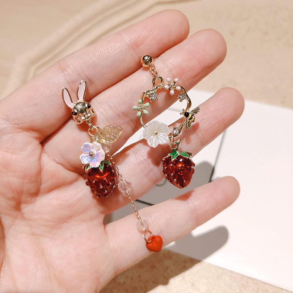 Sweet Cute Fruit Strawberry Drop Dangle Earrings for Women - Red Rhinestone Studded Simulation Strawberry Jewelry - Perfect for Summer Outfits, Parties & Casual Wear