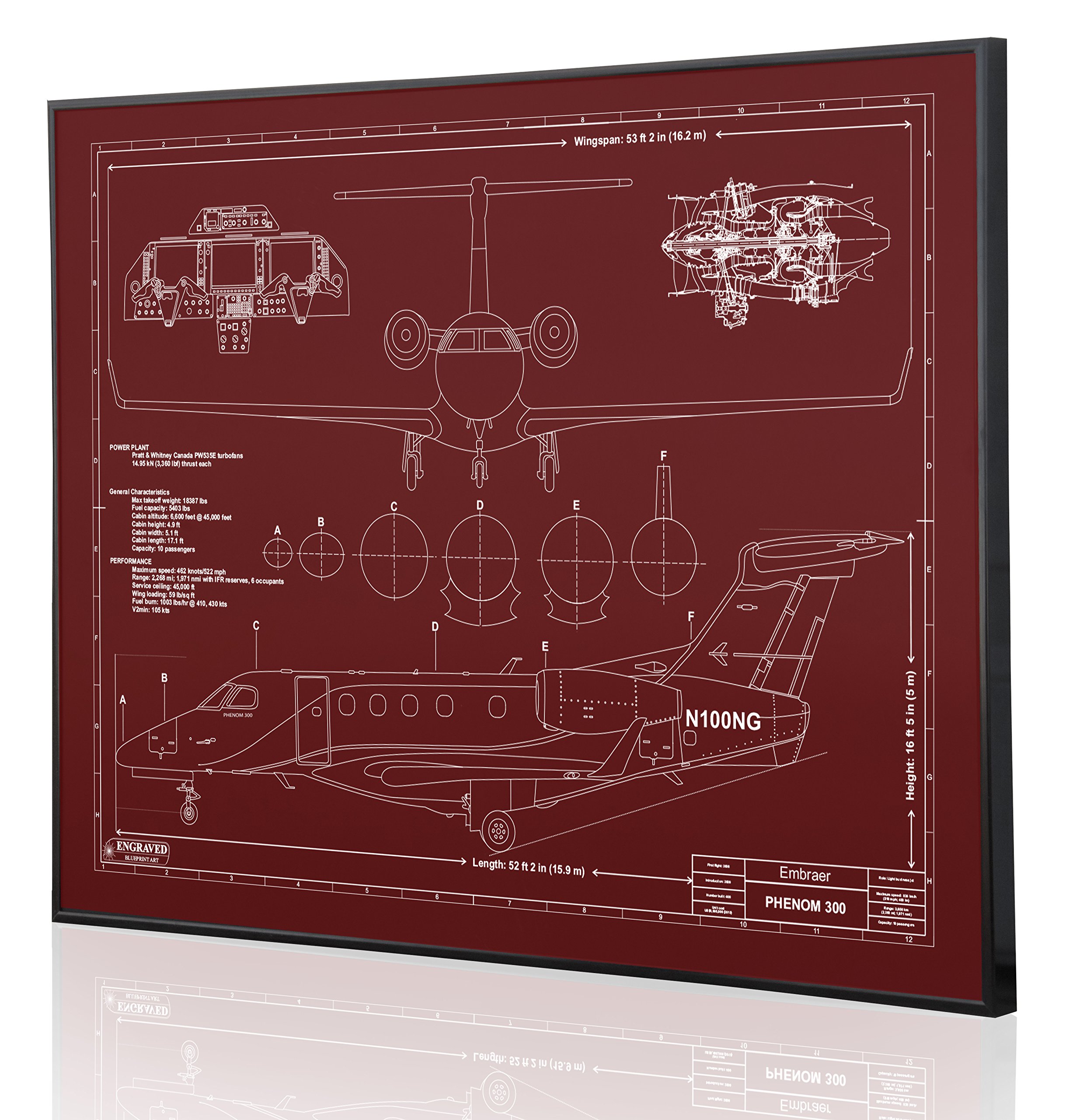 Embraer Phenom 300 Blueprint Wall Art - Laser Engraved Personalized Aviation Gift for Pilots - Perfect for Home Office Decor & Pilot Appreciation Gifts