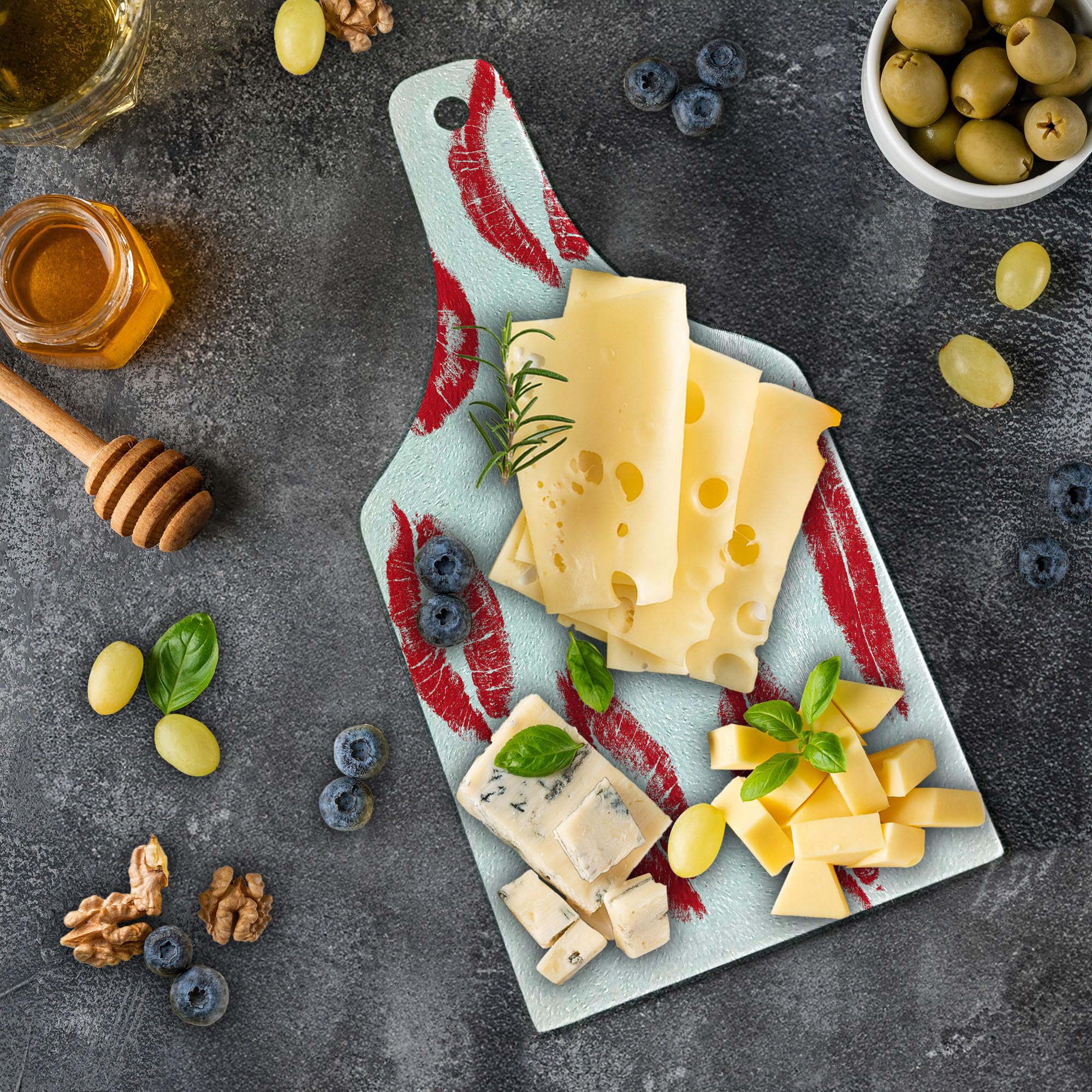 Ambesonne Red Lipstick Kiss Cutting Board - Tempered Glass Serving Board with Seductive Lip Marks, Wine Bottle Shape - Perfect for Romantic Dinners, Wine & Cheese Pairings, and Unique Home Decor