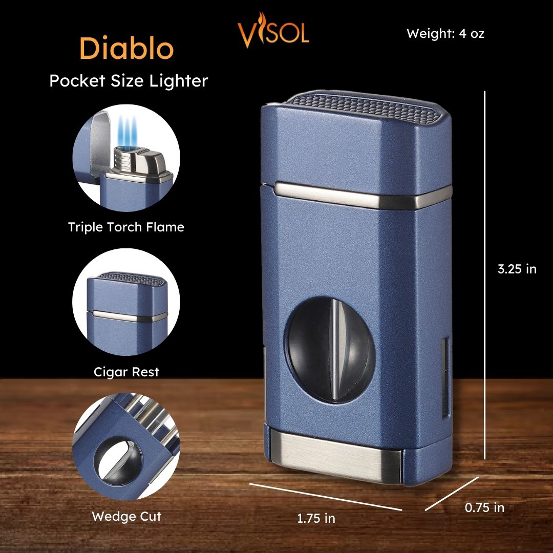 Visol Diablo Triple Torch Flame Lighter with Spring V Cutter - Navy Blue | Windproof Butane Lighter for Cigars, BBQ, Camping & Outdoor Use
