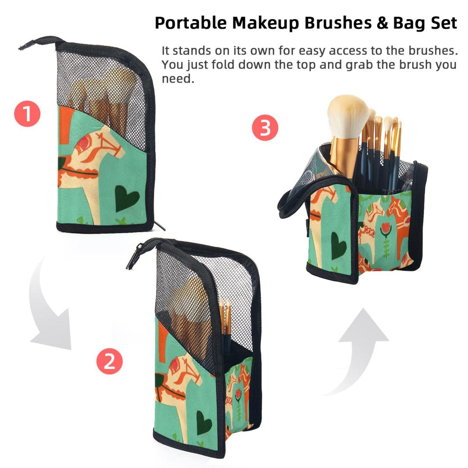 Premium 12-Slot Makeup Brush Organizer Bag with Horse Paper Cut Flower Design - Portable Travel Makeup Brush Holder Case for Professional & Home Use - Perfect for Makeup Artists, Travelers & Daily Beauty Routine