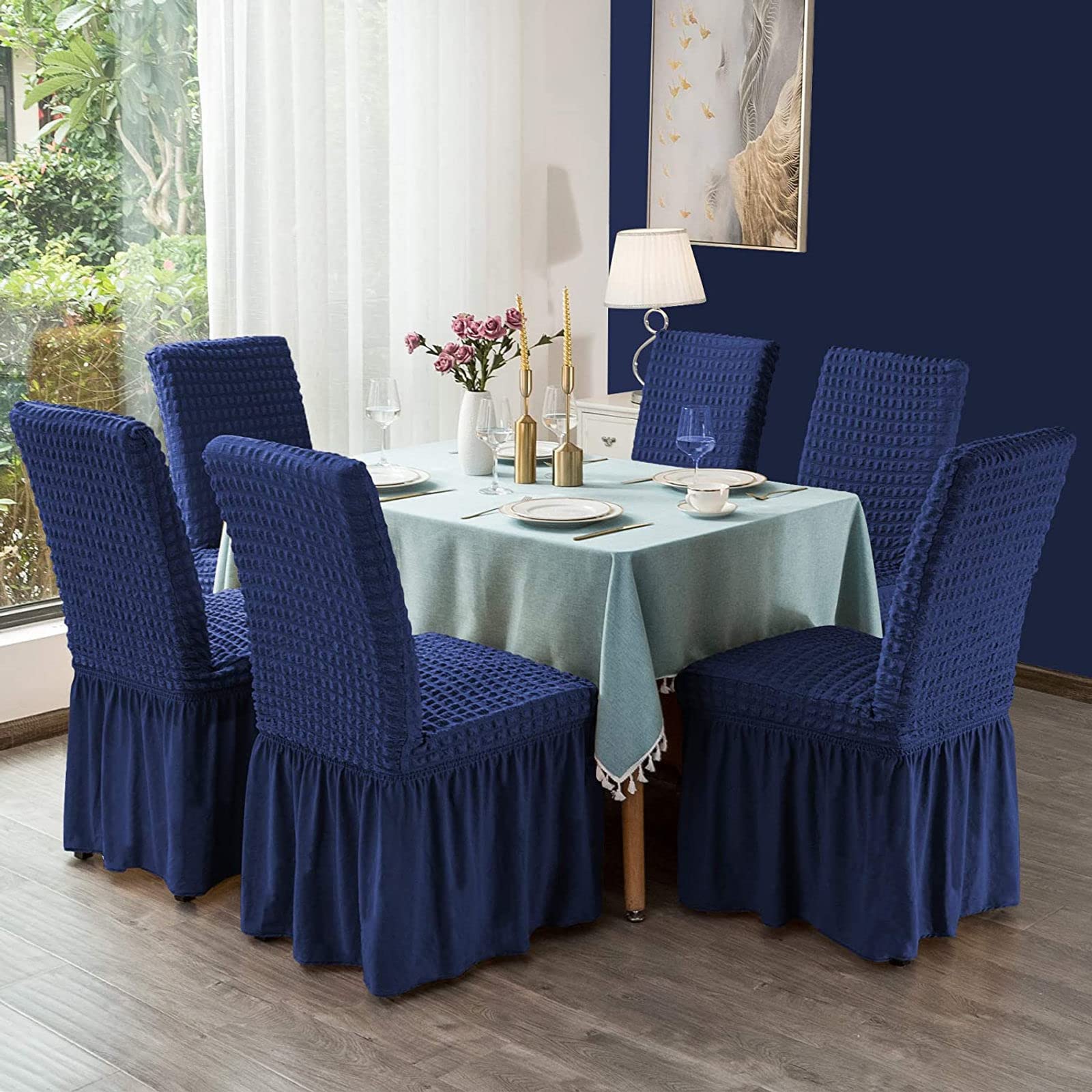 Stretch Dining Chair Covers Set of 6 - Elastic Seersucker Slipcovers with Skirt for Home, Party, Hotel & Wedding - Navy Blue (4-Pack) - Perfect for Dining Room, Banquet, and Special Events