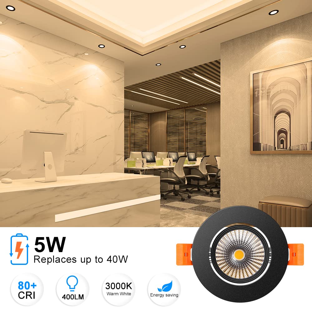 2.5 Inch LED Recessed Lighting - Dimmable COB Downlight 5W 400LM, 3000K Warm White, CRI80, Black Trim, LED Ceiling Lights with Driver (6 Pack) - Perfect for Bedroom, Kitchen, Living Room & Hallway Lighting