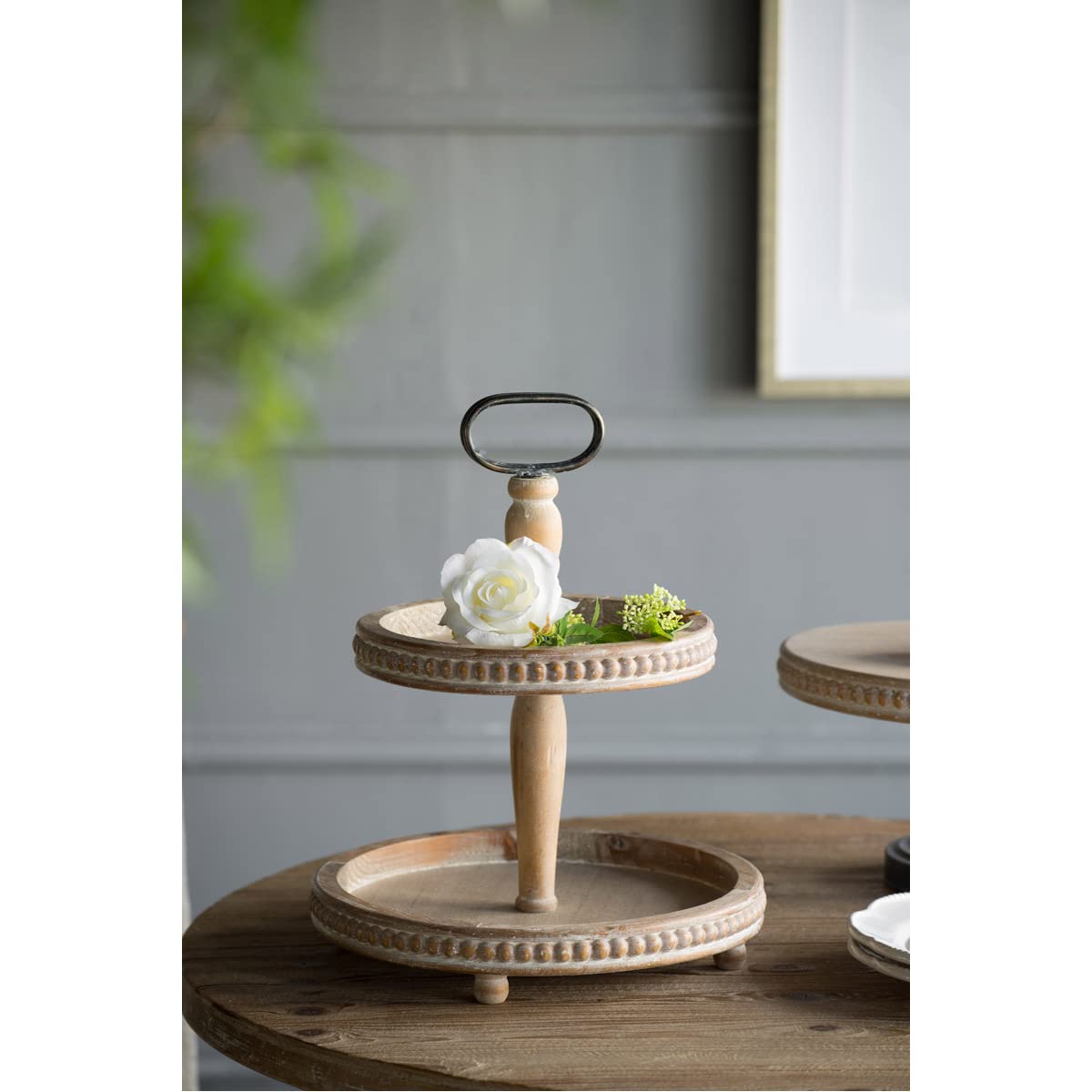 A&B Home Whitewash Tan 2-Tier Wood Bead Trim Tray - Rustic Farmhouse Decor for Coffee Table, Entryway, or Bathroom Organization