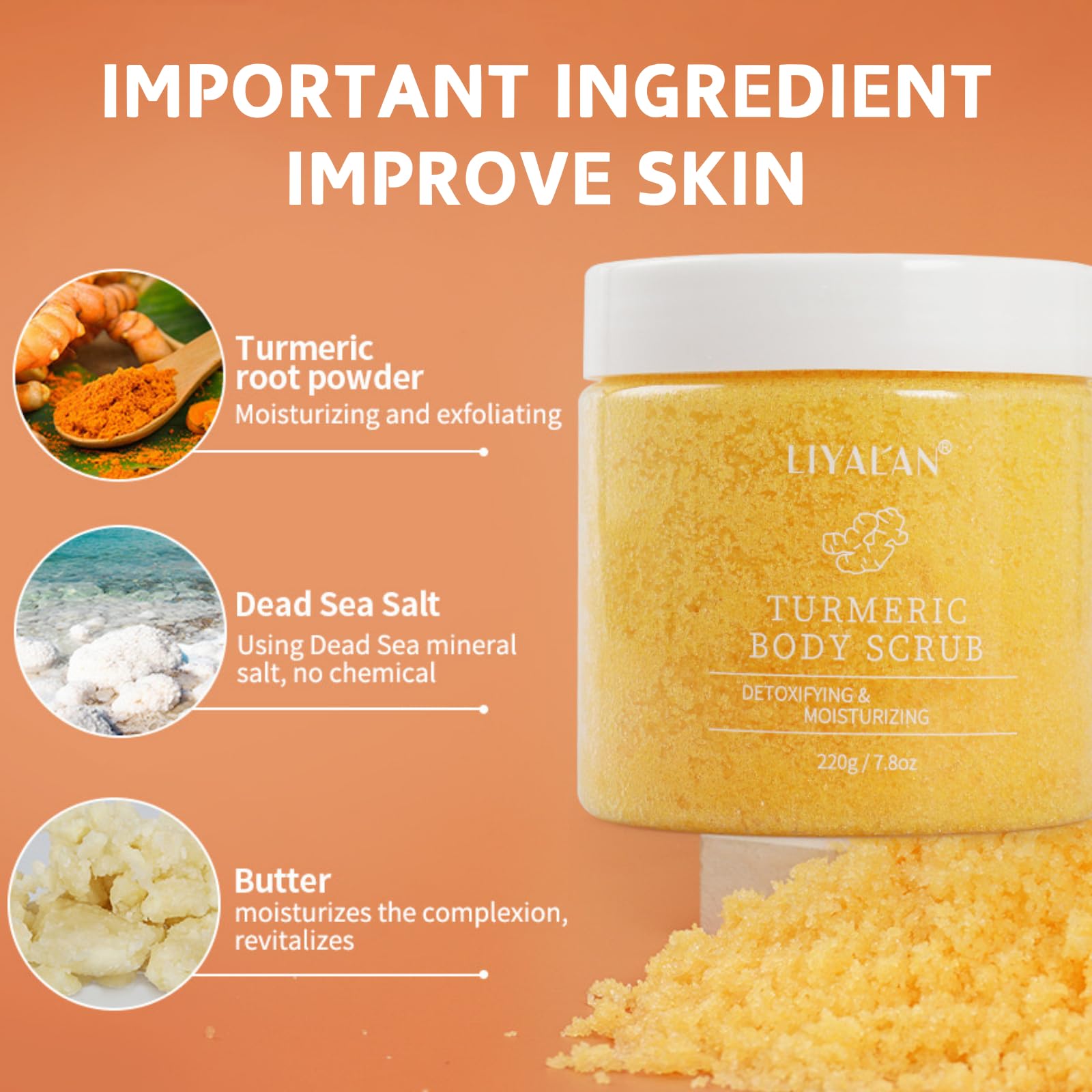 Organic Turmeric Body Scrub for Women & Men - Exfoliating Body Wash with Natural Ingredients - Face, Hand & Foot Skin Exfoliator - Moisturizing Body Scrubber for Dry & Sensitive Skin - Perfect for Spa Day, Post-Workout & Pre-Tanning Skincare Routine