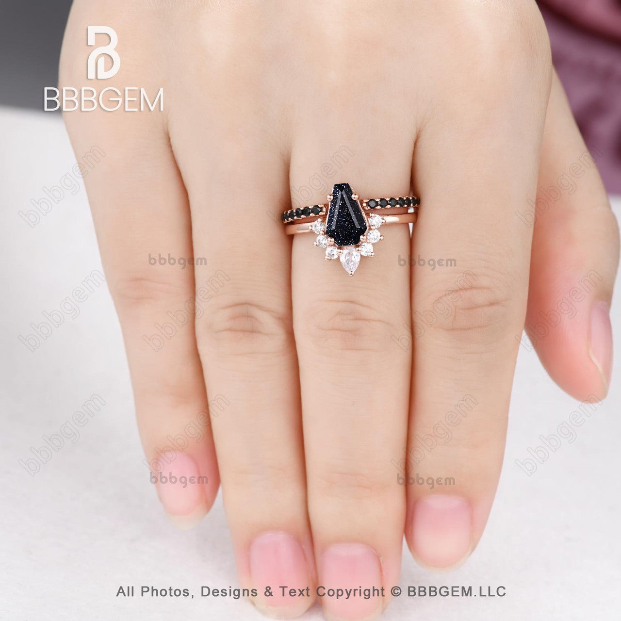 Rose Gold Spinel Coffin Cut Wedding Ring Set for Women - Dark Cluster Blue Sandstone Engagement Rings | Unique Anniversary Gift for Bride, Couples & Special Occasions