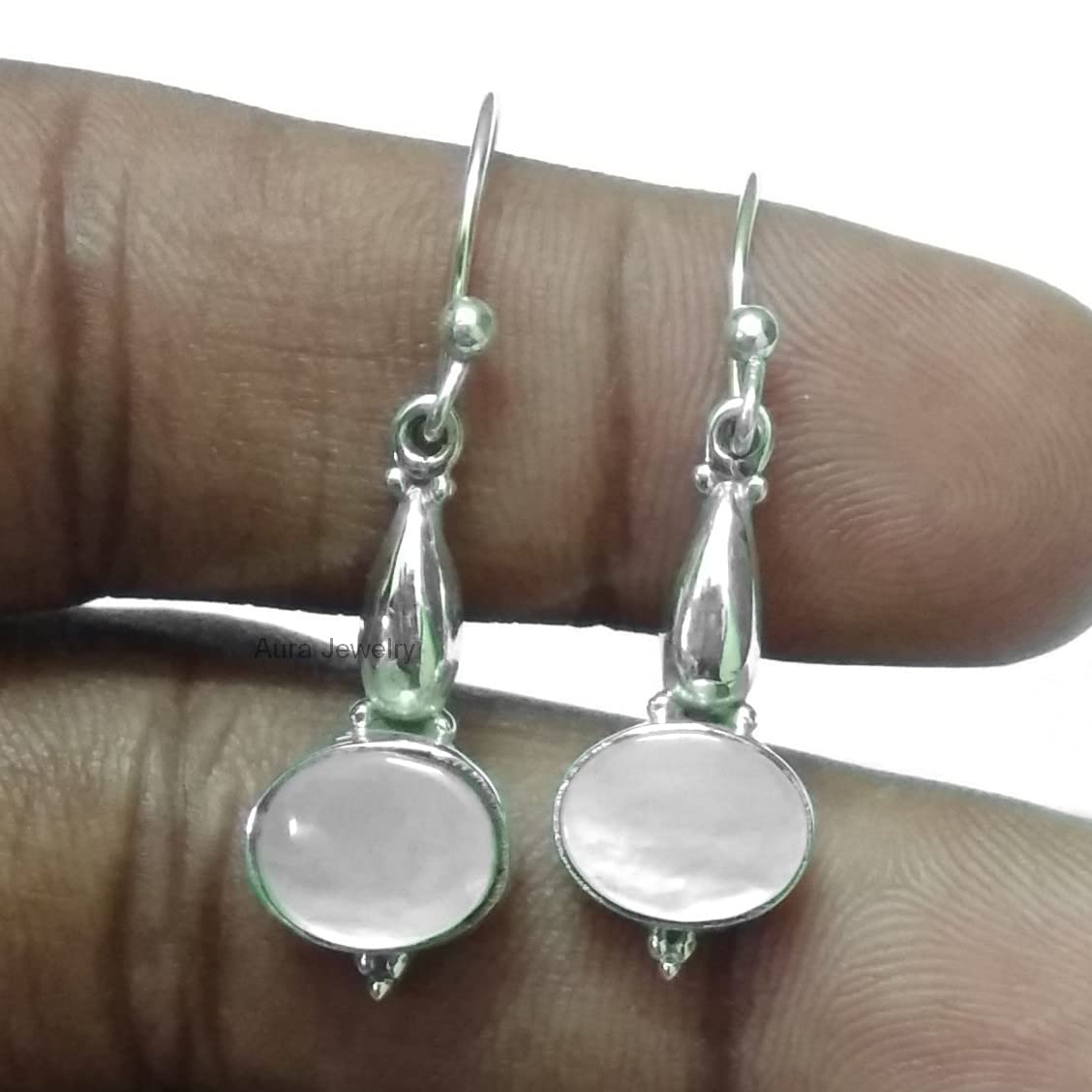 925 Sterling Silver Dangle Earrings for Women - Hypoallergenic Mother of Pearl Oval Earrings with Bezel Set White Gemstone | Bohemian Style Jewelry for Christmas Gifts, Parties & Everyday Wear