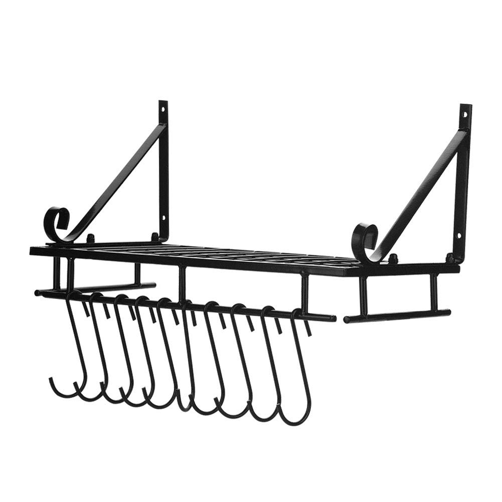OhhGo 45cm Metal Wall Mounted Pan Pot Rack with 10 Hooks - Space Saving Kitchen Storage Organizer for Pots, Pans & Utensils - Perfect for Small Kitchens, Apartments & RVs