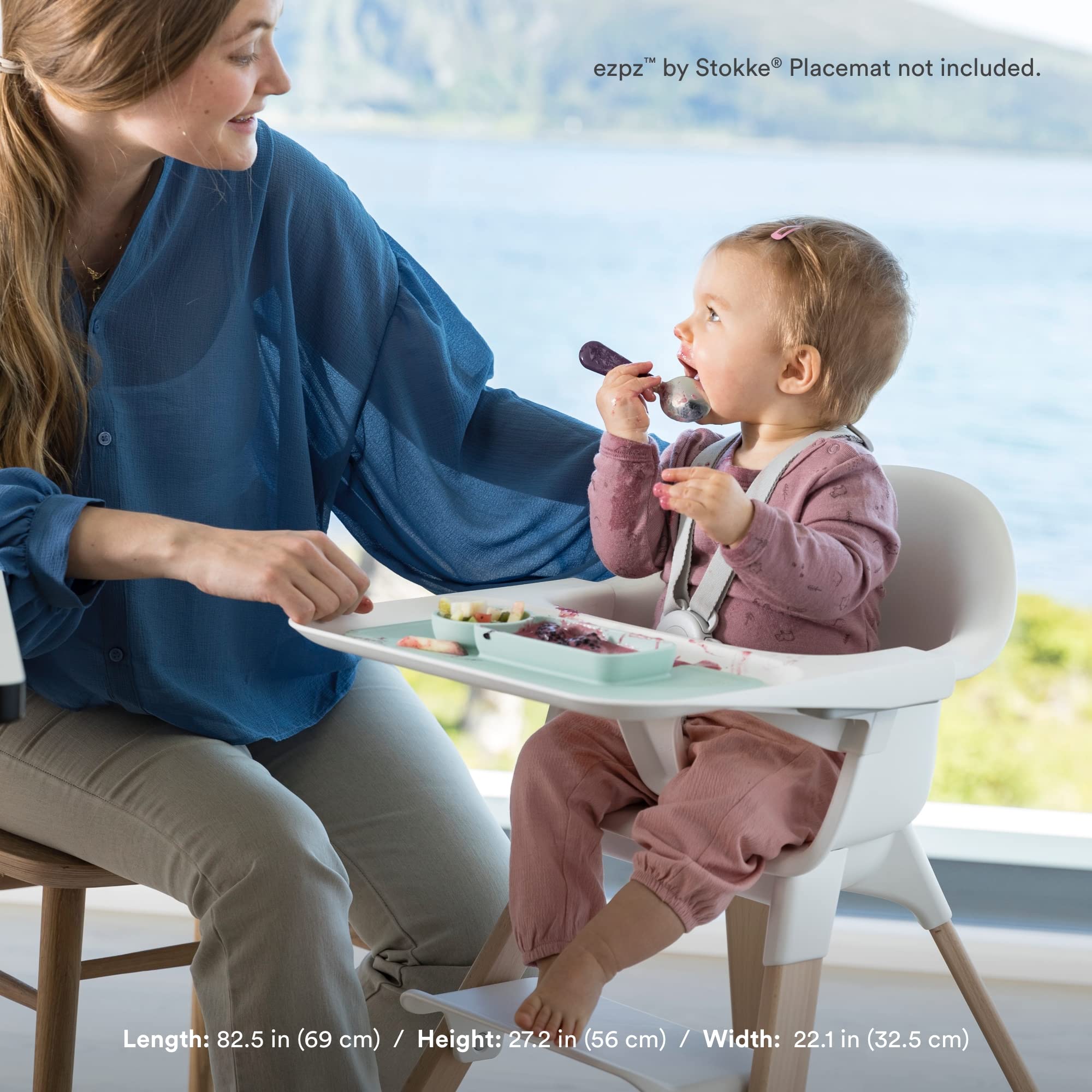 Stokke Clikk High Chair with Tray & Harness - Lightweight Durable Baby Feeding Chair for 6-36 Months (Up to 33 lbs) - Includes Travel Bag - Perfect for Home, Restaurants & Travel - White Chair + Grey Accessories