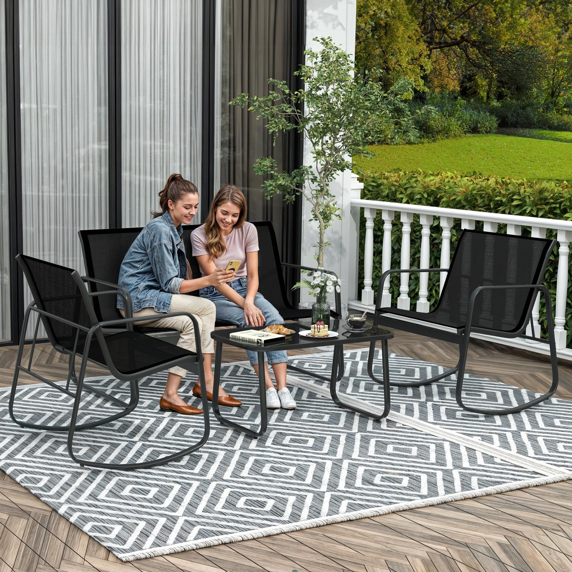 **DWVO 4-Piece Patio Furniture Set - 2 Rocking Chairs, Sofa & Glass Coffee Table - Outdoor Conversation Set for Porch, Deck, Garden, Backyard, Poolside - Black**    *(Perfect for Relaxing, Entertaining, or Enjoying Coffee Outdoors!)*