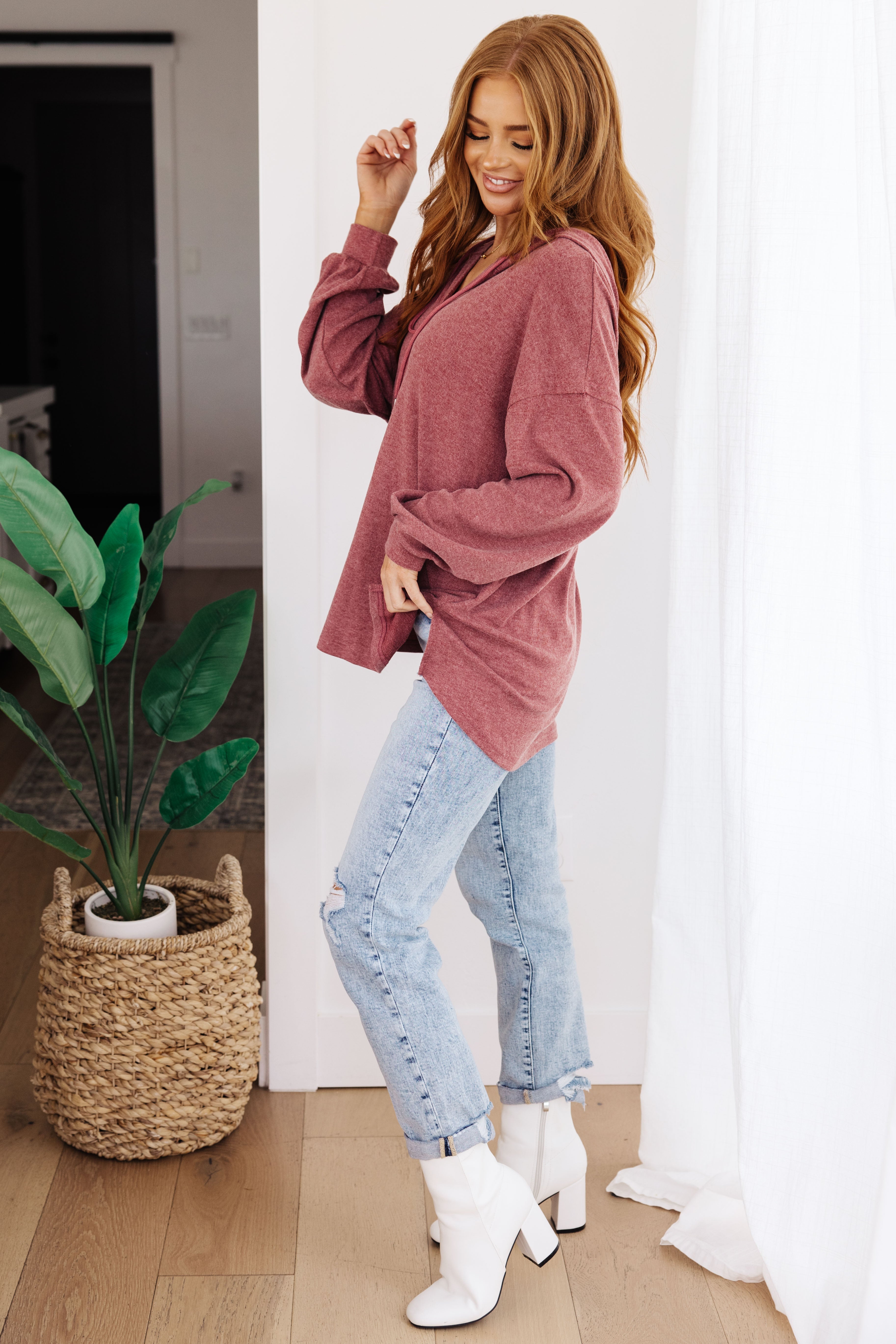 Happier Now Burgundy Henley Hoodie for Men - Soft Cotton Pullover with Front Pocket - Perfect for Casual Wear, Outdoor Activities & Layering