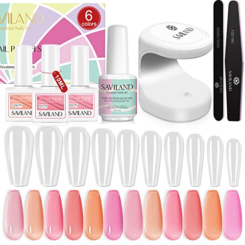SAVILAND 500pcs Nail Tips with Glue Gel Kit & 6Pcs Jelly Gel Nail Polish Set - Professional DIY Manicure for Salon, Home, Party & Special Occasions