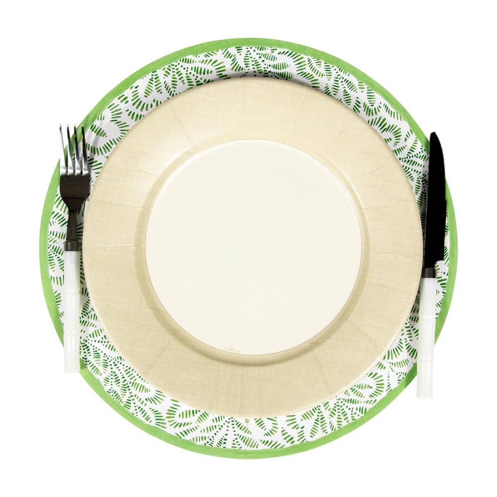Eco-Friendly Caspari Block Print Leaves Round Paper Placemats - Set of 48 Green Decorative Placemats for Dining Table, Party & Home Decor