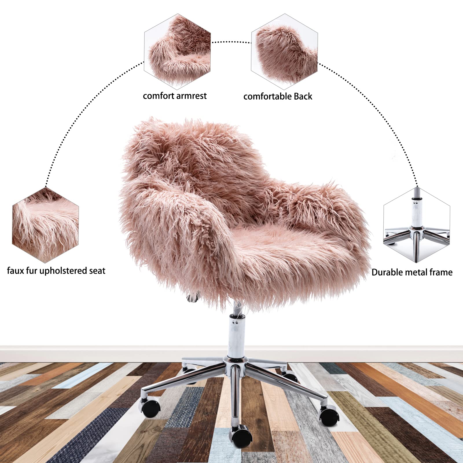 Luxury Faux Fur Swivel Chair with Padded Seat - Modern Adjustable Height Vanity Accent Chair for Living Room, Bedroom & Home Office - Soft Pink Makeup Chair for Women's Dressing Room & Beauty Salon