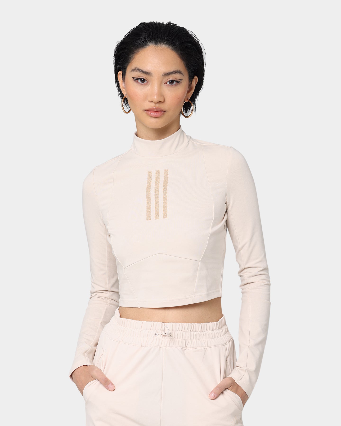 Adidas Women's Swarovski Crystal Embellished Long Sleeve T-Shirt - Halo Ivory - Fashion Casual Top for Work, Party & Everyday Wear
