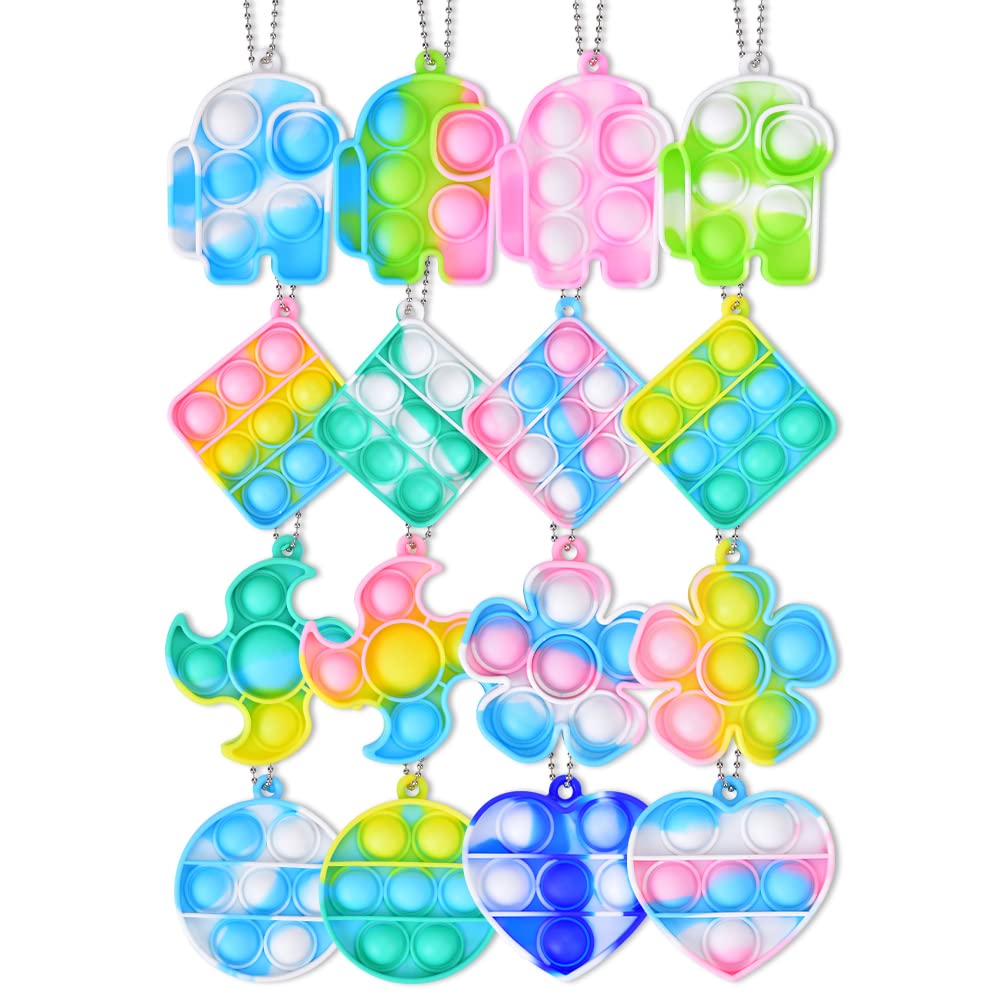 16 Pack Mini Keychain Fidget Toys - Stress Relief Sensory Toys for Kids & Adults, Anti-Anxiety Push Pop Bubble Popper, Bulk Desk Toys for Office, School & Travel - Perfect for ADHD, Autism & Anxiety Relief