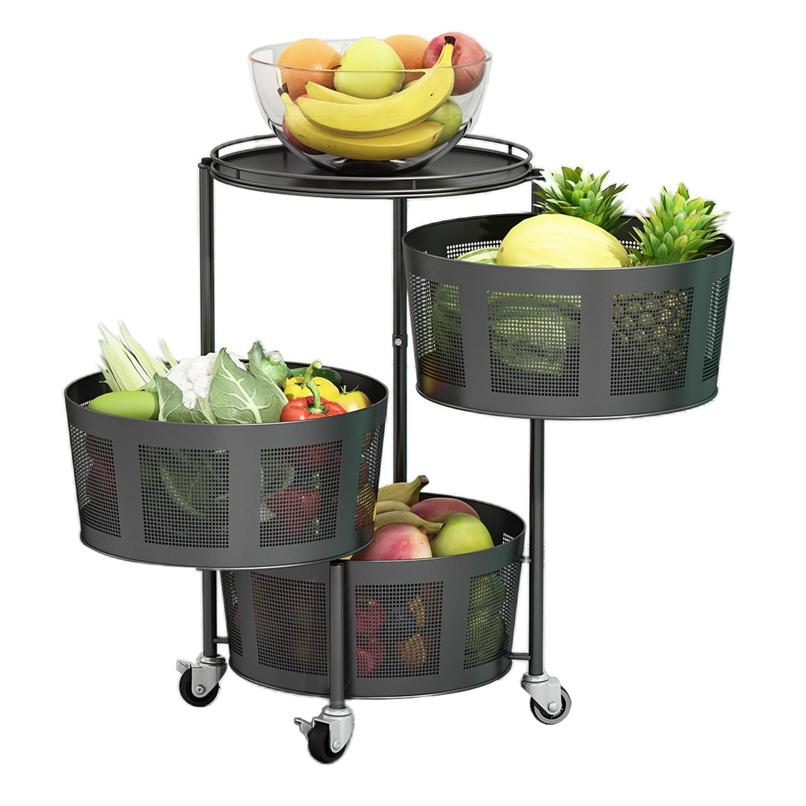 3-Tier Rotating Kitchen Storage Rack with Wheels - Round Spinning Organizer Shelf for Vegetables, Fruits & Pantry Items - Space-Saving Floor Standing Storage Basket for Kitchen, Living Room & Bathroom - Black (Perfect for Small Spaces & Clutter-Free Organization)