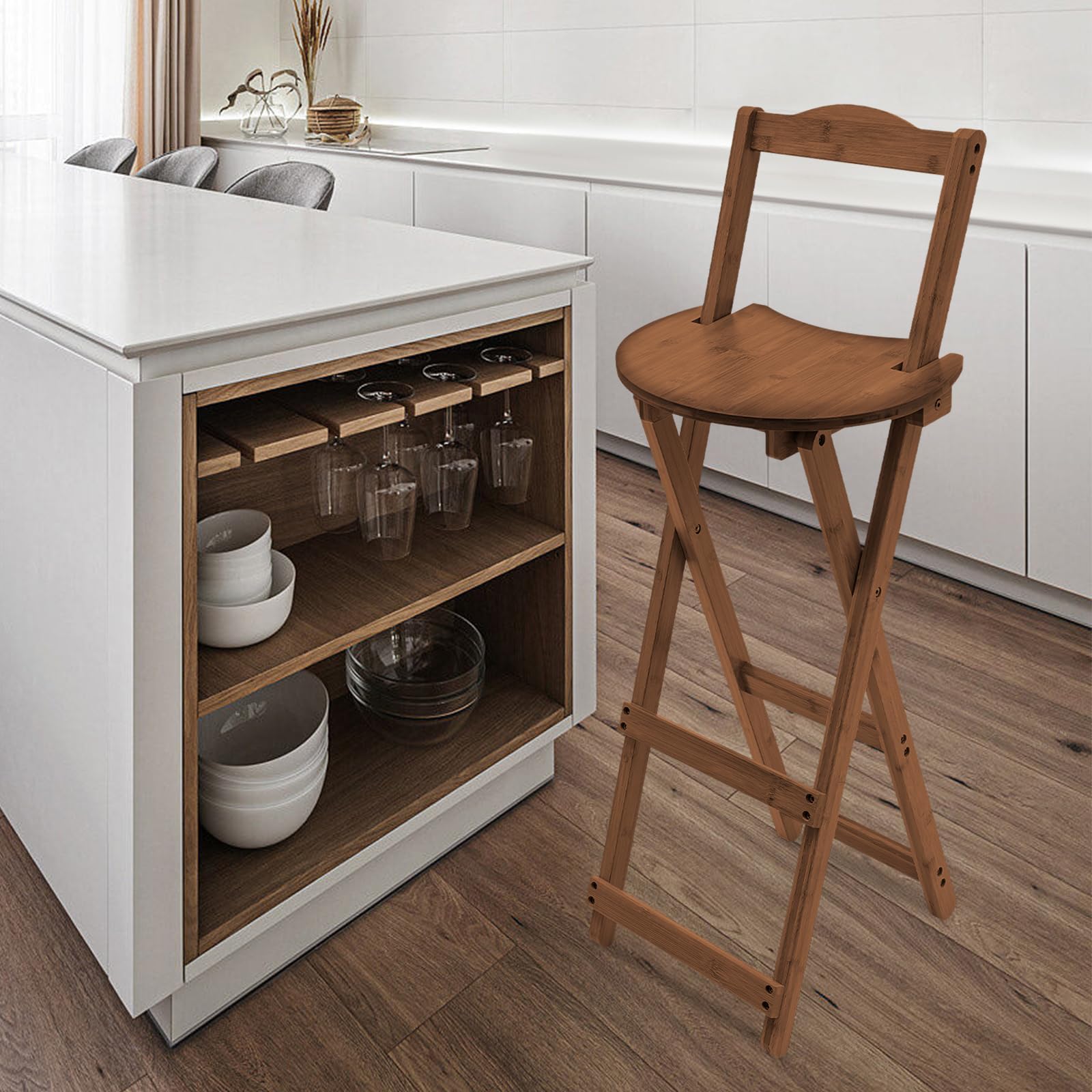 Foldable Bamboo Bar Stools with Backrest - Portable Tall Stools for Kitchen Island, Breakfast Bar, Outdoor Camping & Patio - Space-Saving Home & Garden Furniture