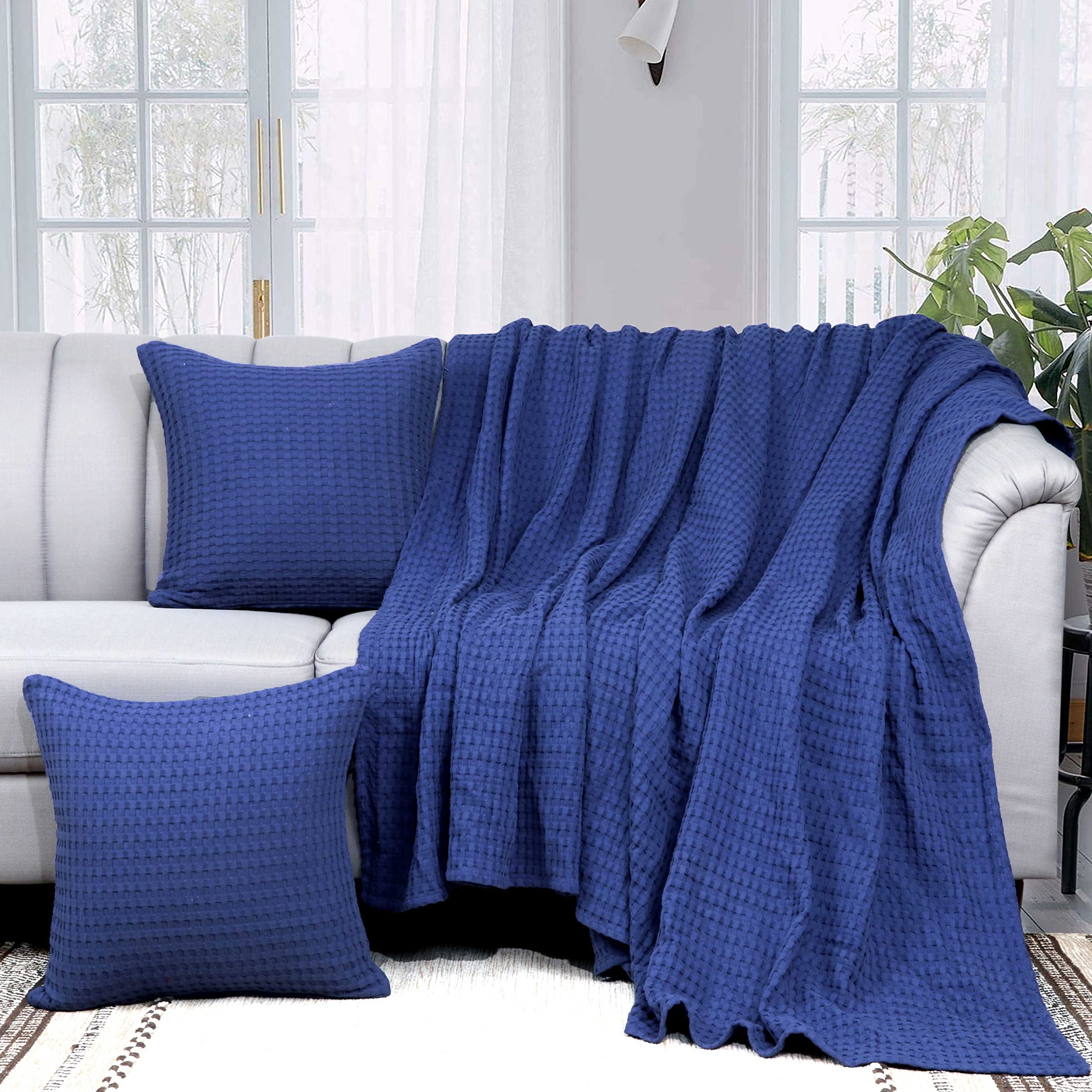 Tex Trend 100% Cotton Waffle Weave Queen Size Blanket - Lightweight & Breathable Cooling Bed Blanket for All Seasons, Navy Blue, 90x90 Inches - Perfect for Bedroom, Guest Room, Dorm, Sofa & Travel Use