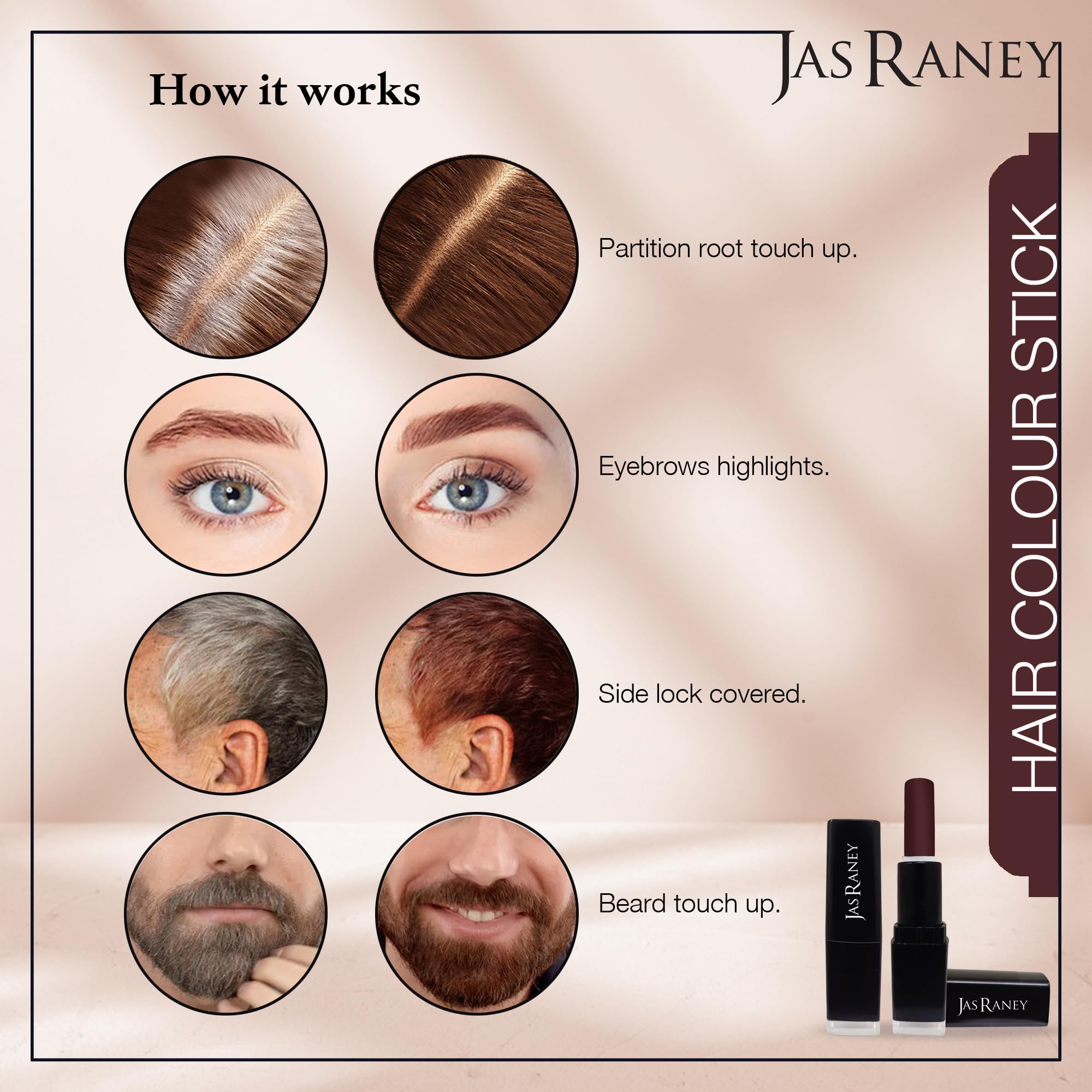 JAS RANEY Temporary Hair Color Stick for Root Touch Up - Quick & Easy Hair Coloring - Brown Hair Dye for Men & Women | Perfect for Covering Grays, Costumes & Everyday Styling