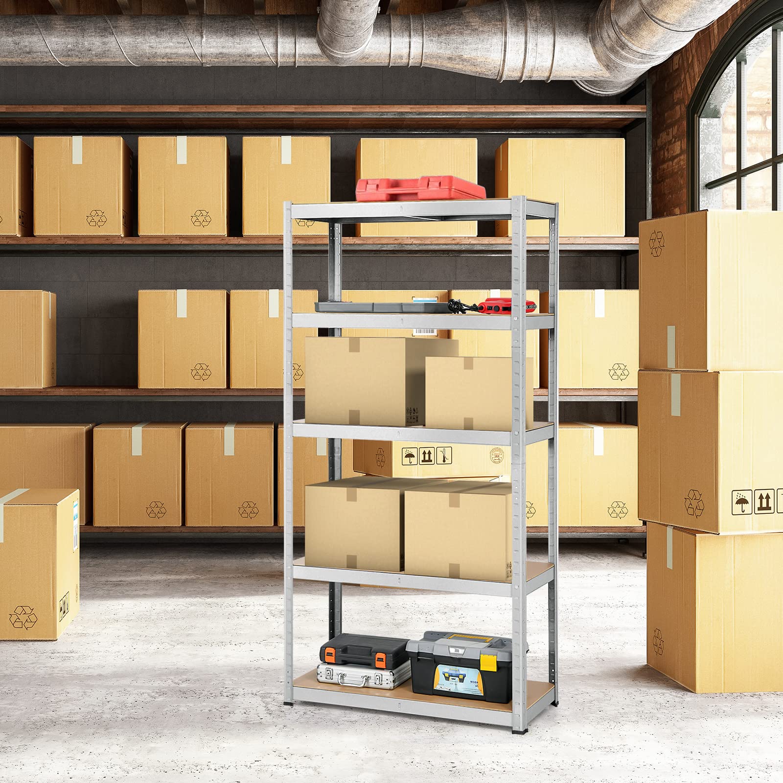 ERGOMASTER 5-Tier Heavy Duty Steel Shelving Unit - 72 x 16 x 72 Inch Bolt-Free Storage Rack (2 Pack, Silver) for Garage, Kitchen, Office Organization - Perfect for Storing Books, Tools, Kitchenware & Home Supplies