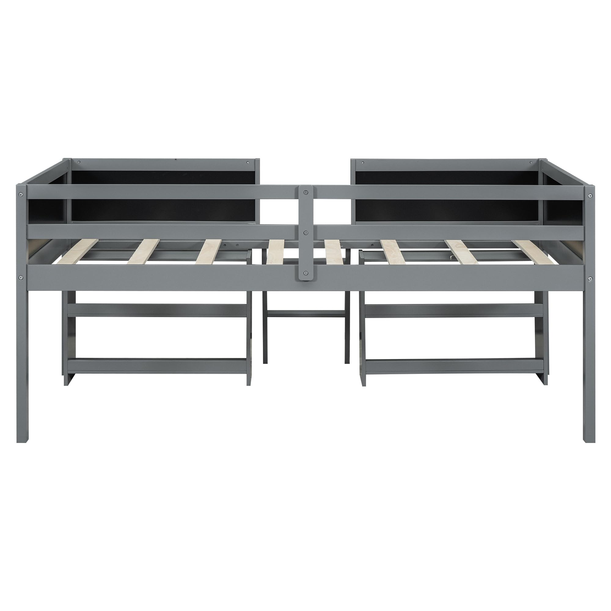 Twin Size Low Loft Bed with Movable Shelves & Guardrail - Solid Wood Kids Loft Bed Frame with Chalkboard & Storage - Space-Saving Bed for Small Rooms - Perfect for Boys & Girls Bedroom (Gray)
