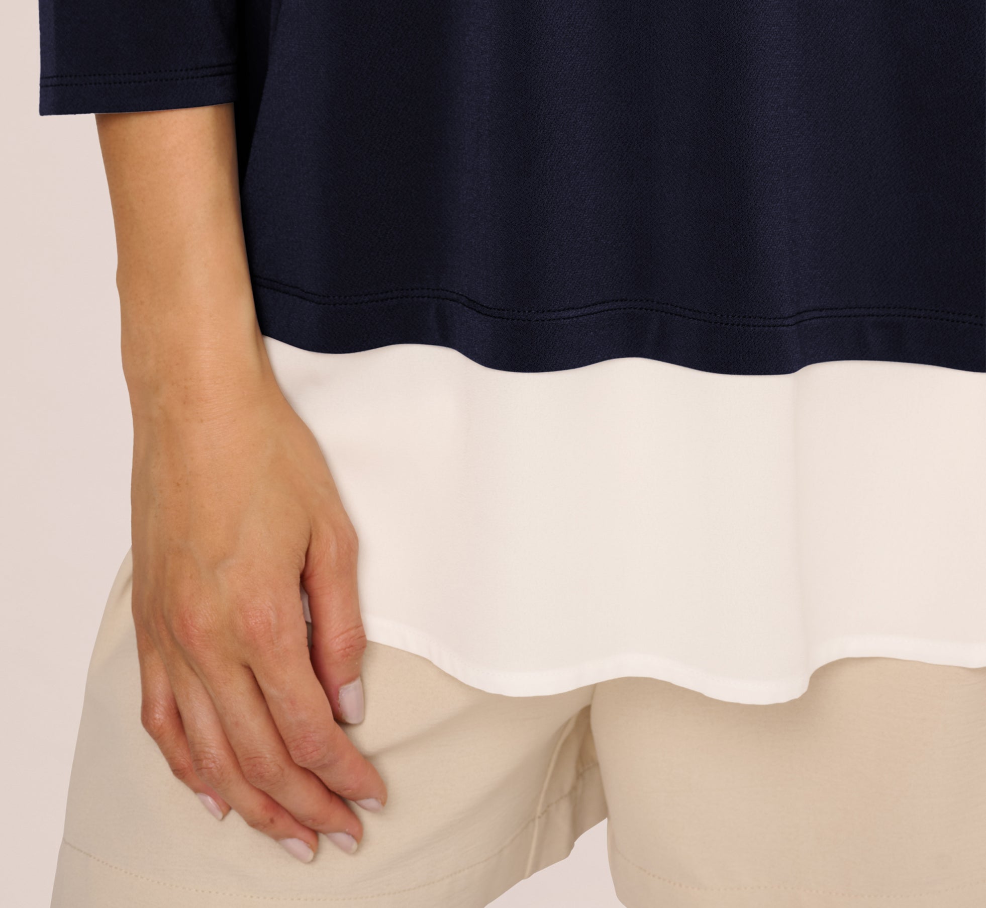 Navy & Ivory Twofer Sweater with Three-Quarter Sleeves and Collar - Perfect for Office Wear, Casual Outings, and Layered Fall Fashion