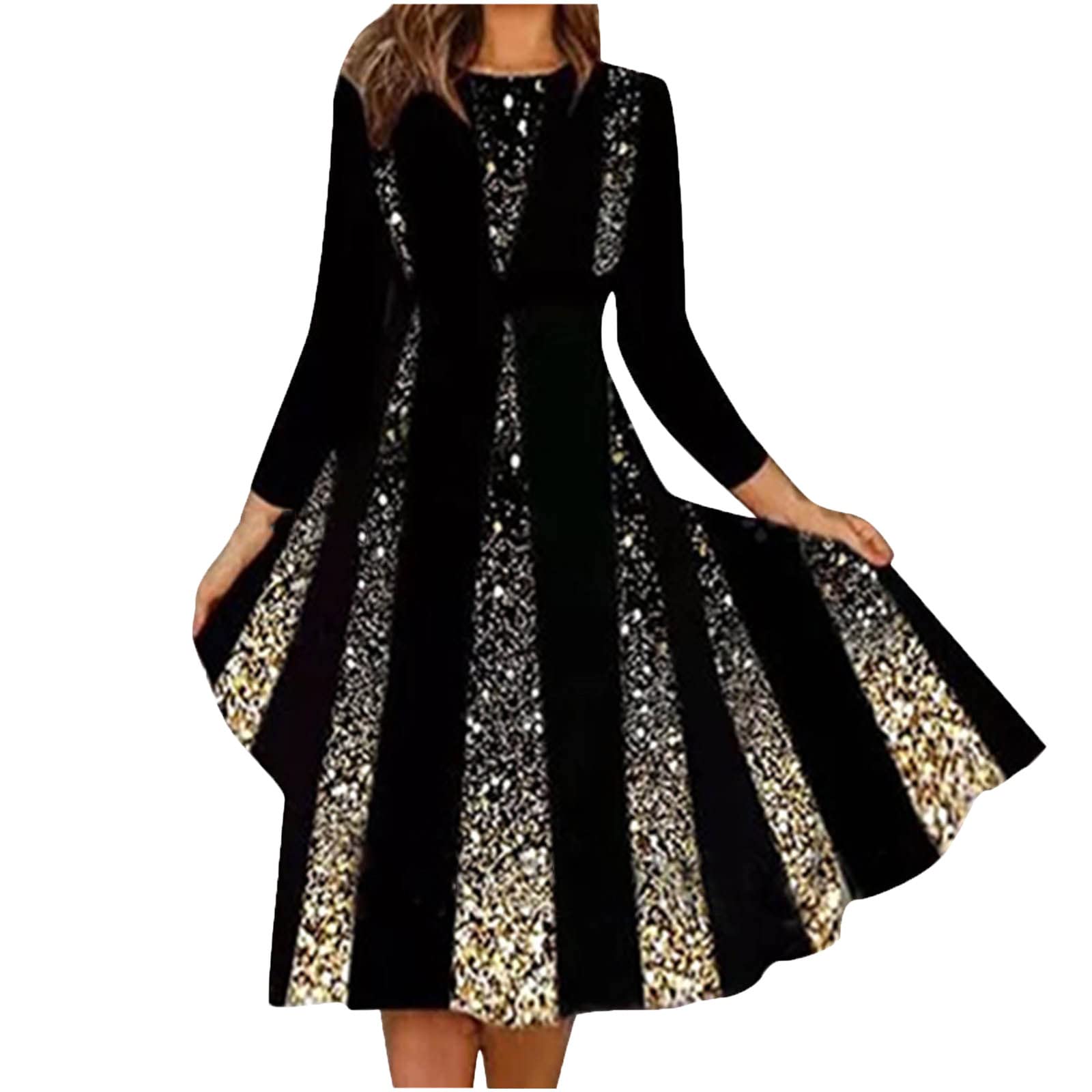 LCZIWO Women's Casual Long Sleeve Floral Print Dress - Empire Waist Swing Pleated Pullover Dress for Work, Date Night & Spring Outings