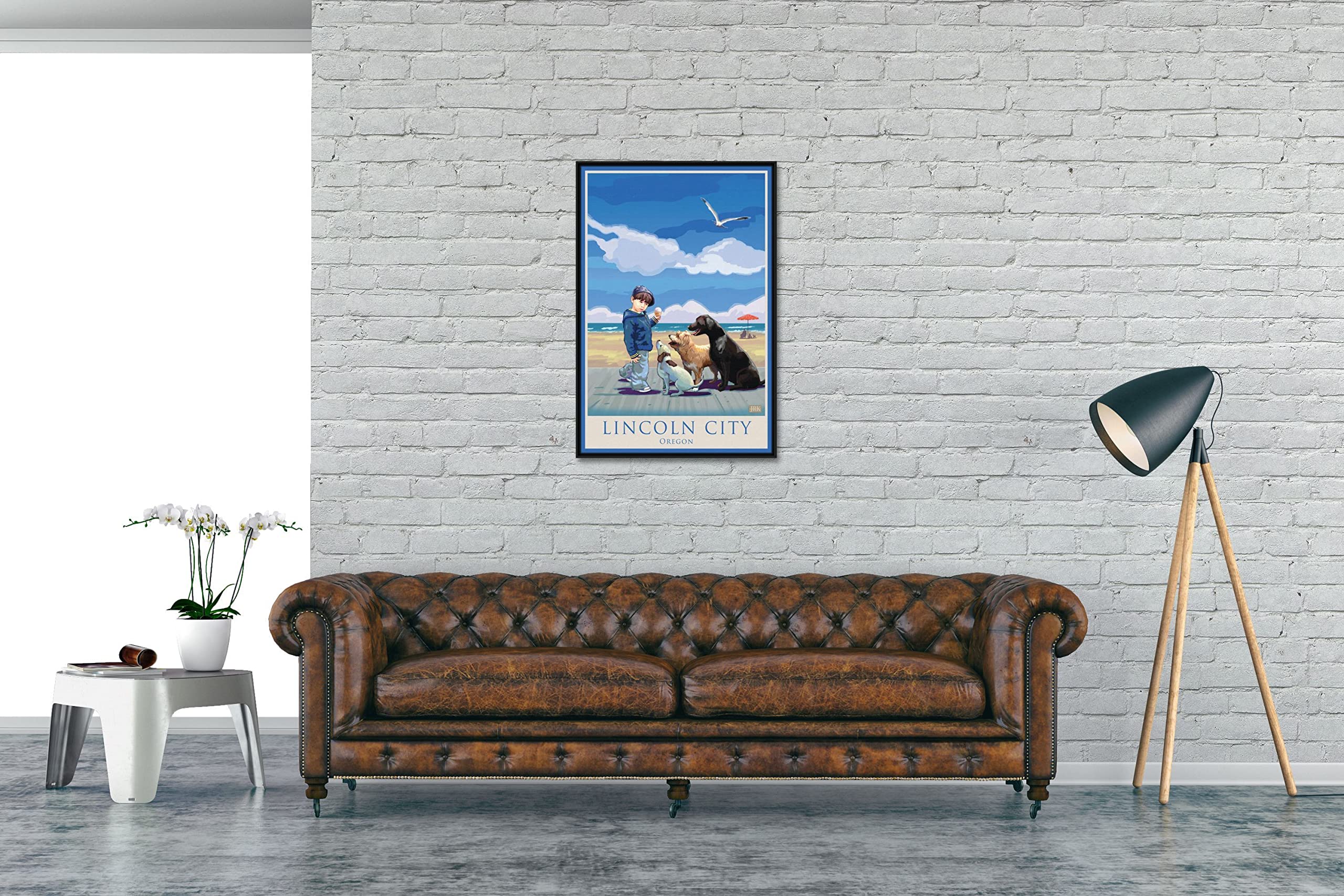 Lincoln City Oregon Dog Snacks Art - Professionally Framed Giclee Canvas Wall Decor 24x36 inches - Pet Lover Gift for Living Room, Bedroom & Office - by Artist Joanne Kollman
