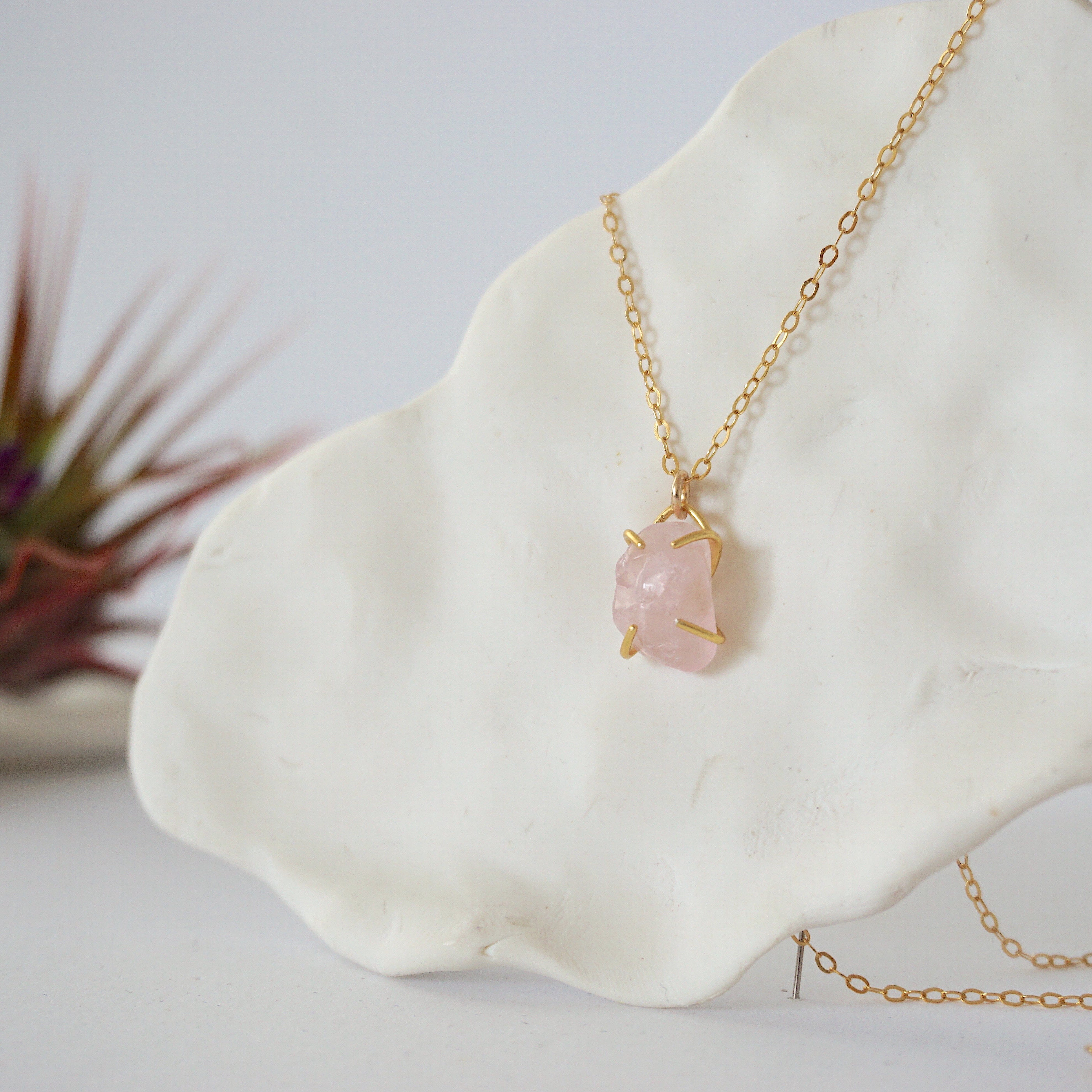 14K Gold Filled Rose Quartz Huggie Charm Necklace for Women - Elegant Dainty Jewelry Gift for Birthday, Anniversary & Everyday Wear