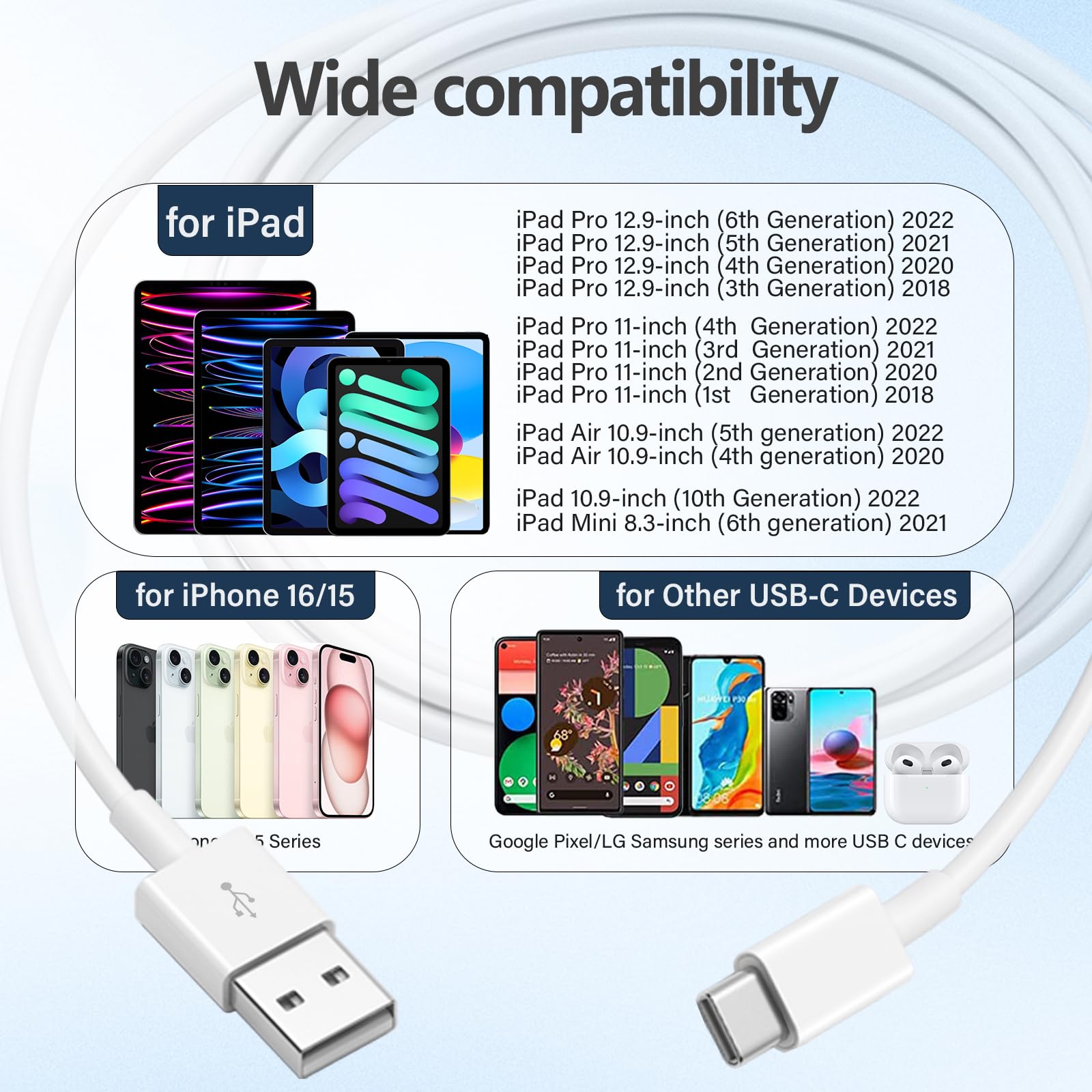 Premium USB A to USB C Fast Charging Cable for Apple CarPlay - Compatible with iPhone 16/16 Plus/16 Pro/16 Pro Max & AirPods 4/Pro 2 - 3FT White Car Charger Cord for Road Trips & Daily Commutes