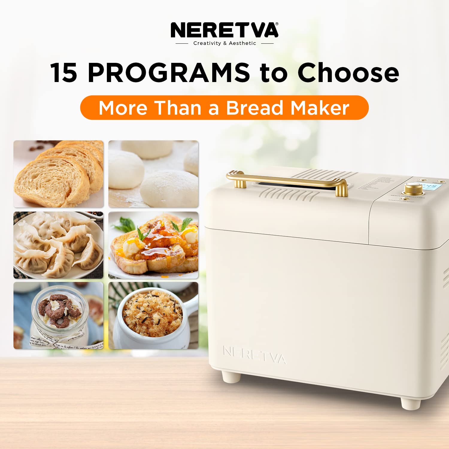 Neretva 2.2LB 15-in-1 Bread Maker Machine with Dual Heater, Auto Nut Dispenser & Nonstick Ceramic Pan - Perfect for Gluten Free Bread, Dough, Sourdough, Yogurt Making | Ideal for Home Baking, Family Breakfast & Healthy Cooking