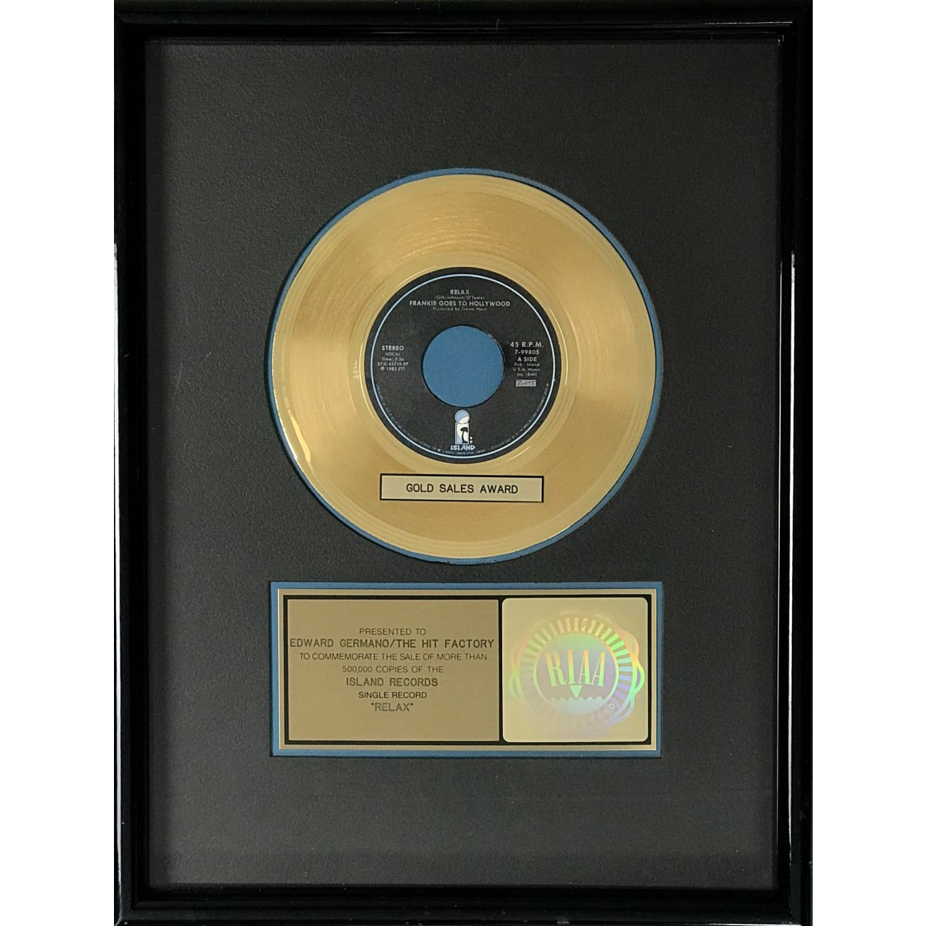 Frankie Goes To Hollywood Relax RIAA Gold Single Award - Vintage Music Collectible for Fans & Memorabilia Enthusiasts - Perfect for Home Display, Music Room Decor & Gift for Rock Fans