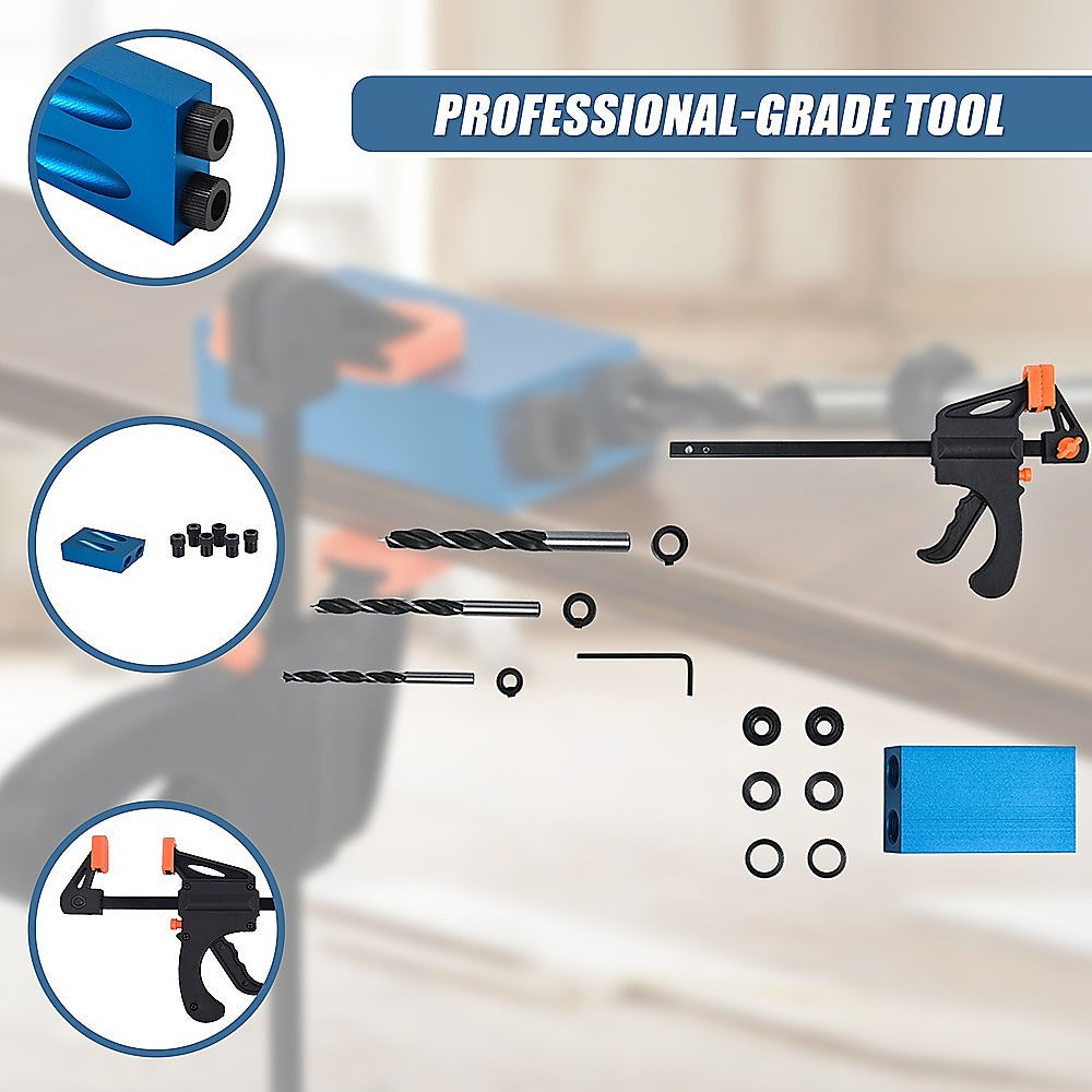 14X Pocket Hole Jig Kit - Professional Woodworking Drill Guide with Hole Locator & F Clips for DIY Projects, Furniture Making, and Carpentry Work