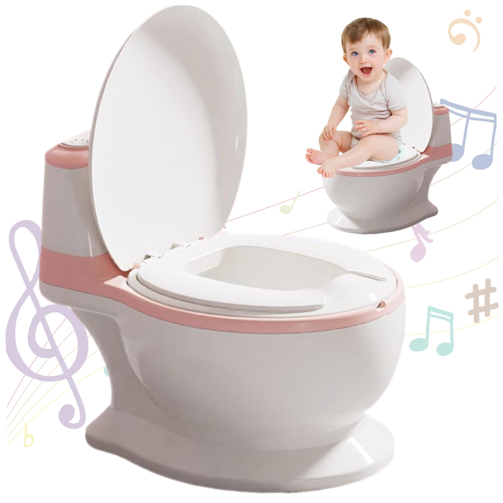 **Realistic Toddler Potty Training Toilet with Lifelike Flushing Sound – Splashproof PVC Seat Cushion for Kids 18+ Months – Pink | Perfect for Home, Daycare & Travel Potty Training**