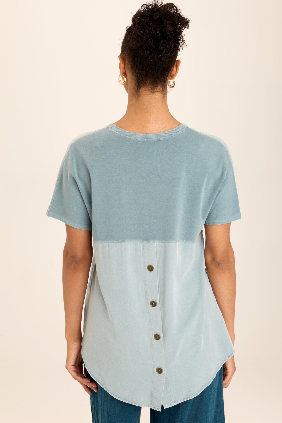 Clara Twill & Jersey Relaxed V-Neck T-Shirt for Women - Soft Casual Comfort Tee for Everyday Wear, Lounge & Outings