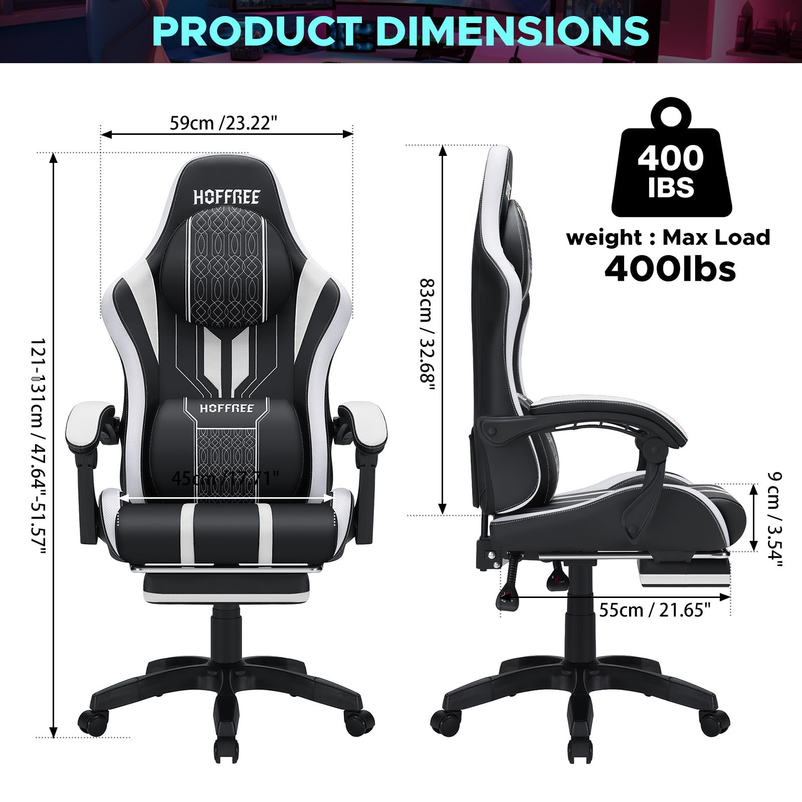 HOFFREE Ergonomic Gaming Chair with Massage & Footrest - Big and Tall Reclining Computer Chair for Adults up to 400lbs - White & Black - Perfect for Long Gaming Sessions, Office Work & Home Entertainment
